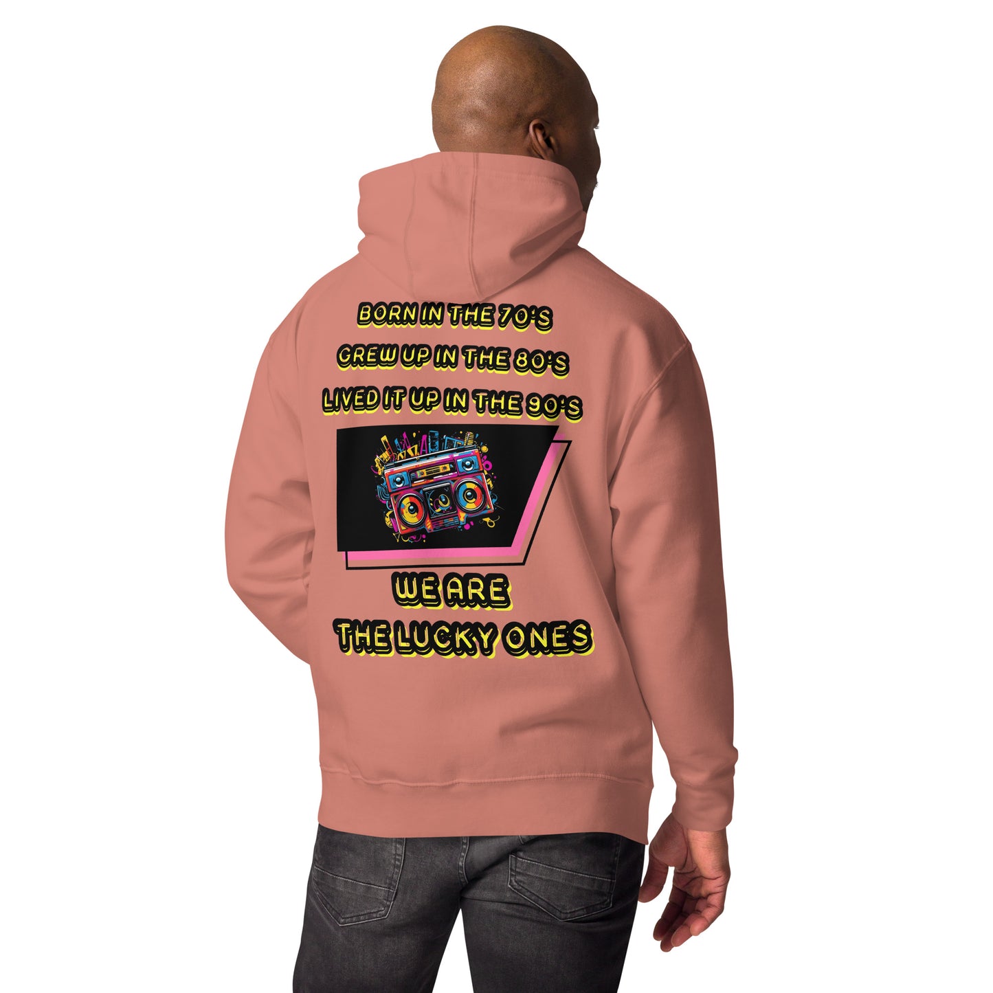 Retro graphic unisex hoodie with 70s 80s 90s boombox design by Hipyfi – vintage streetwear style. dusty-rose-back
