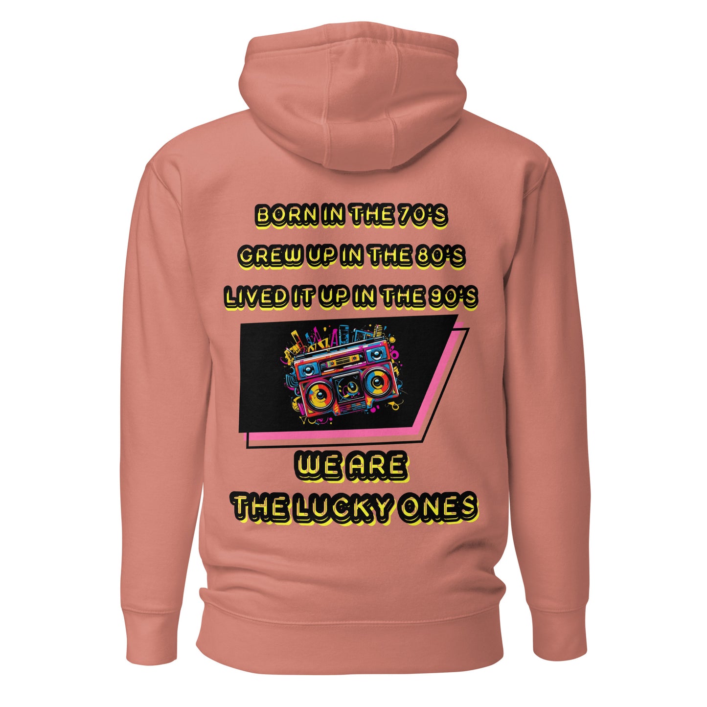 Retro graphic unisex hoodie with 70s 80s 90s boombox design by Hipyfi – vintage streetwear style. dusty-rose-back-2