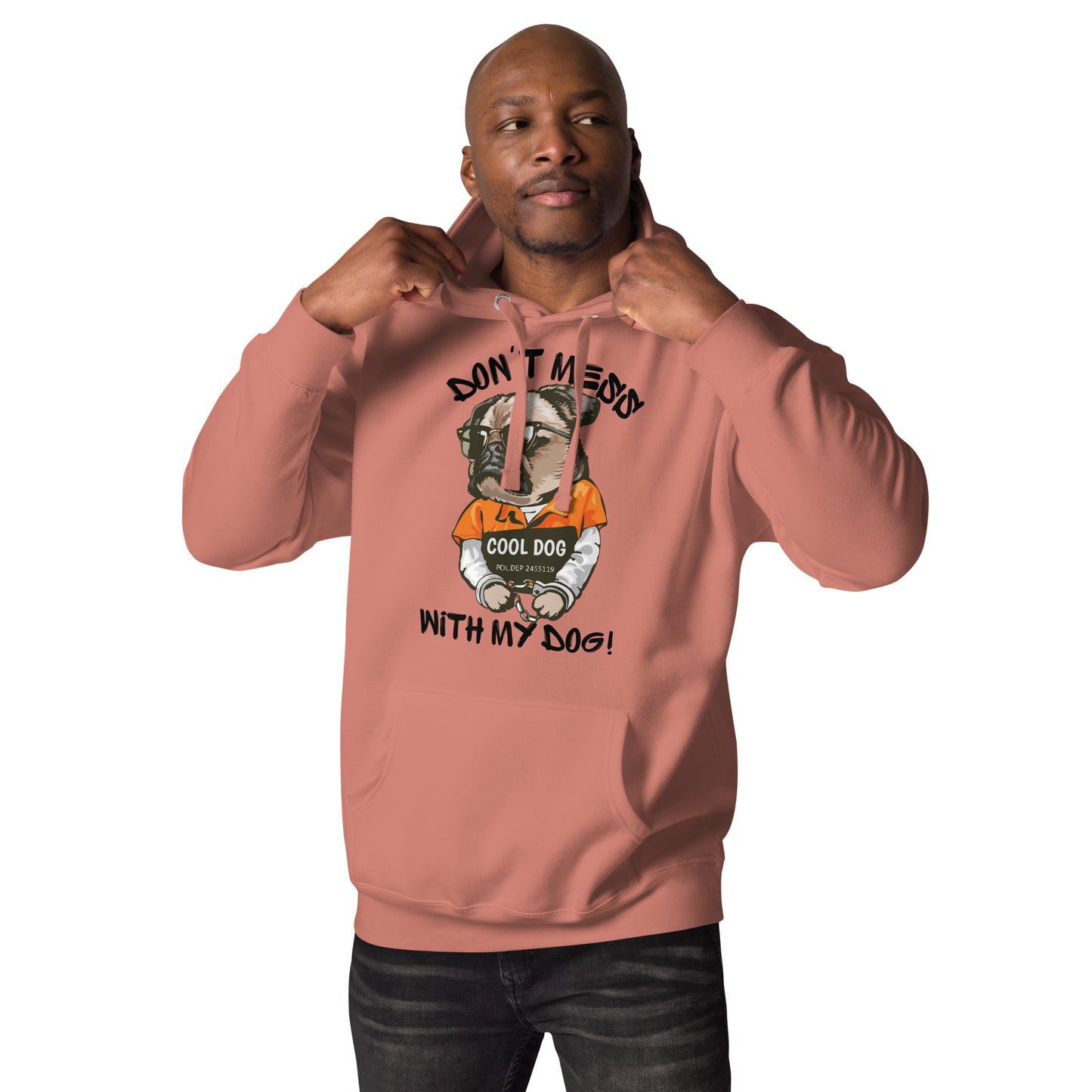 Funny pug mugshot graphic on unisex streetwear hoodie – Cool Dog design by Hipyfi Clothes & Design. dusty-rose-front