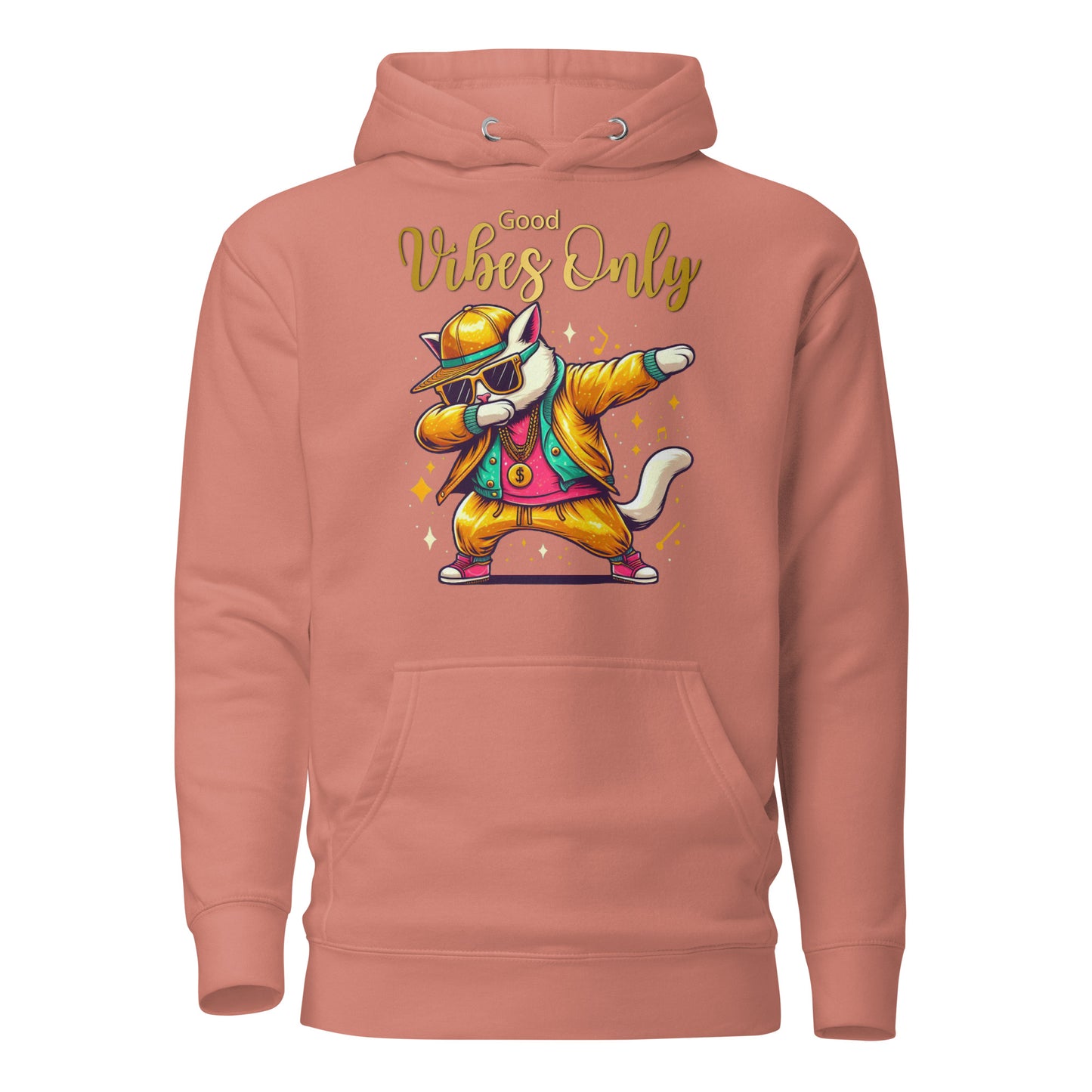 Unisex Good Vibes Cat Hoodie featuring a dabbing cat in hip-hop streetwear – premium graphic hoodie by Hipyfi Clothes & Design. dusty-rose-front-2