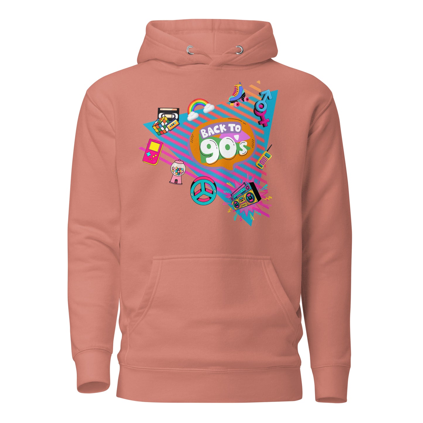 Back to 90s retro unisex graphic hoodie with colorful vintage design – Hipyfi Clothes & Design. dusty-rose-front-2