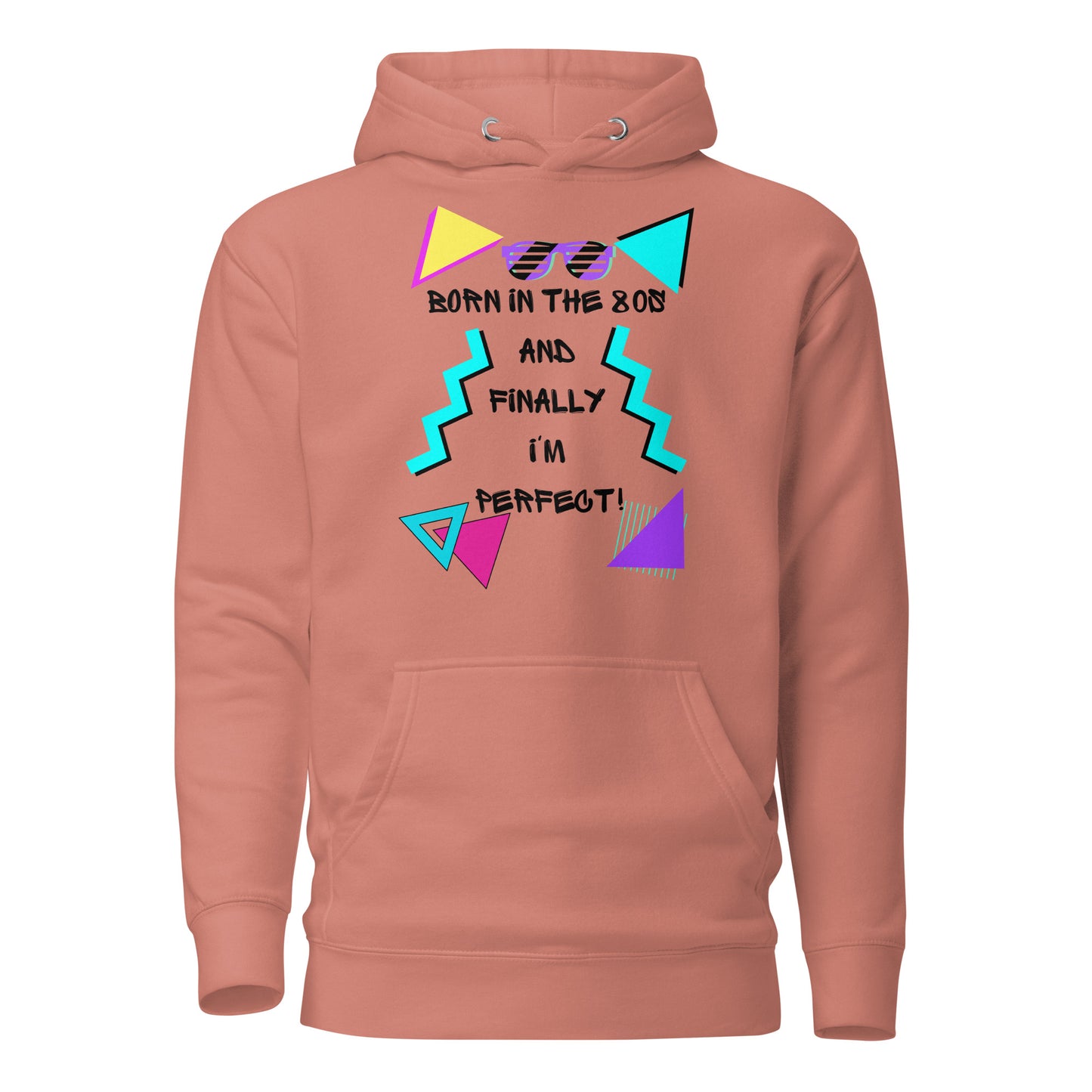 Hipyfi Premium 80s Neon Graphic Hoodie – Unisex Retro Pop Culture Design, Vibrant 80s-inspired geometric graphics. dusty-rose-front-2