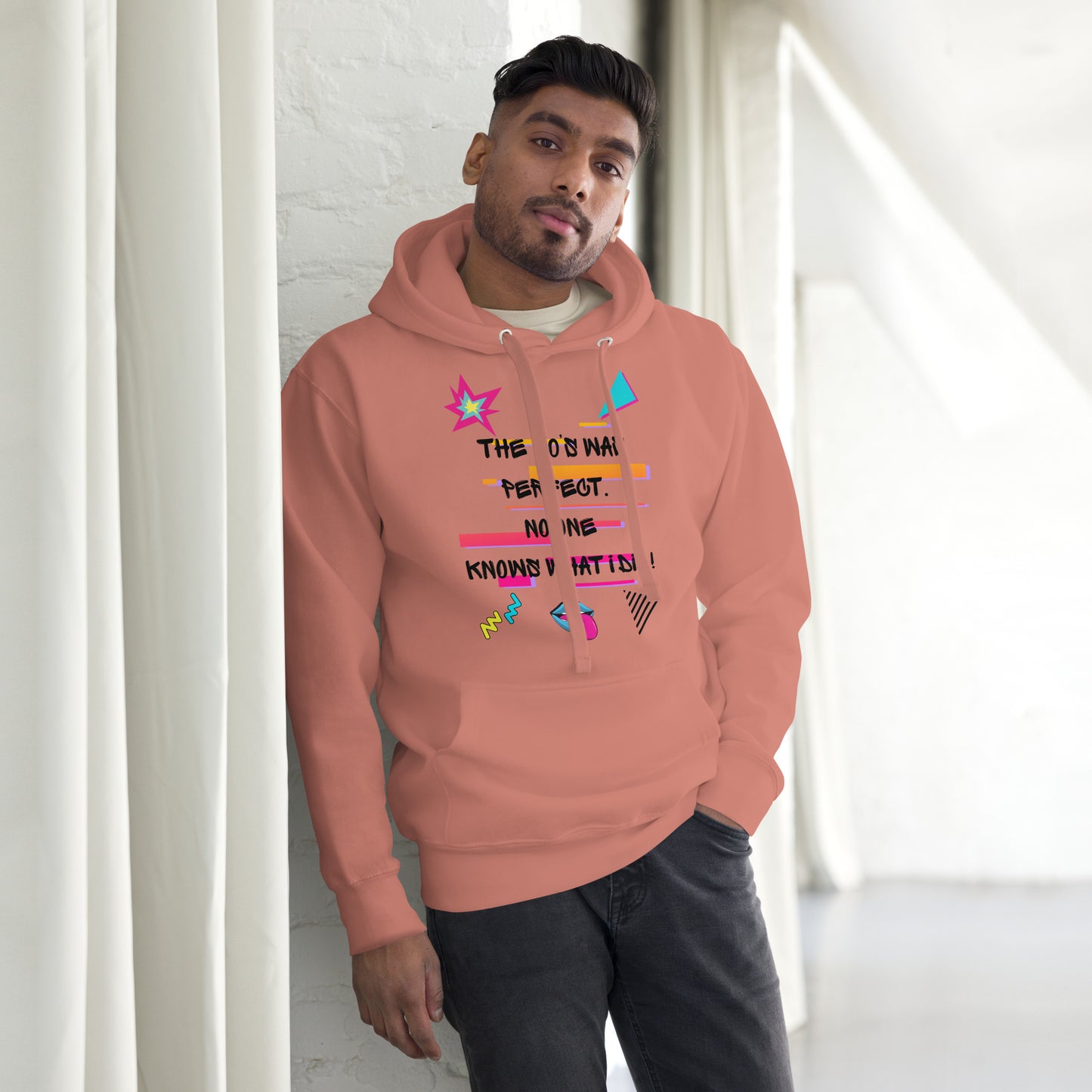 Unisex retro 80s graffiti hoodie with neon colors and streetwear design by Hipyfi Clothes & Design dusty-rose-front