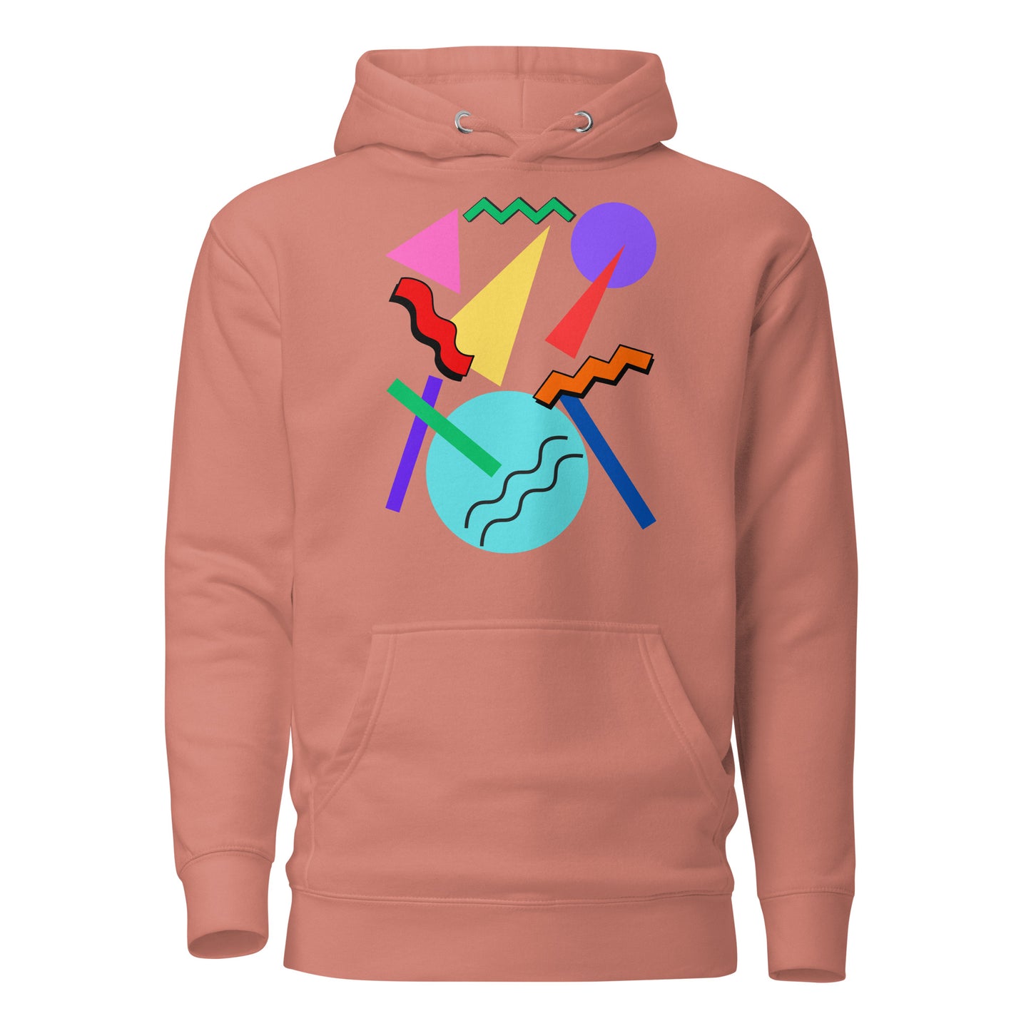 Retro Pop Memphis Hoodie with colorful geometric abstract design – unisex streetwear by Hipyfi Clothes & Design. dusty-rose-front-2