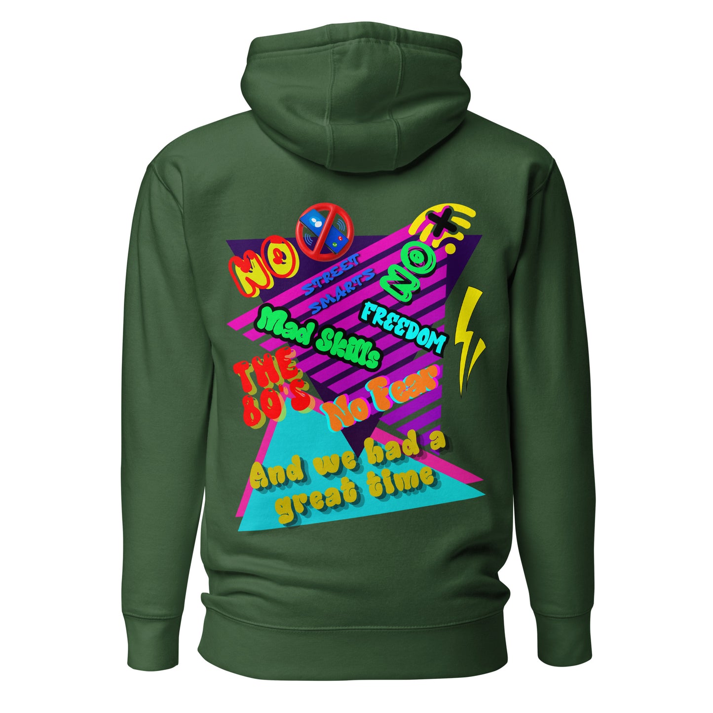 Unisex retro 80s graffiti hoodie with neon colors and streetwear design by Hipyfi Clothes & Design forest-green-back-2