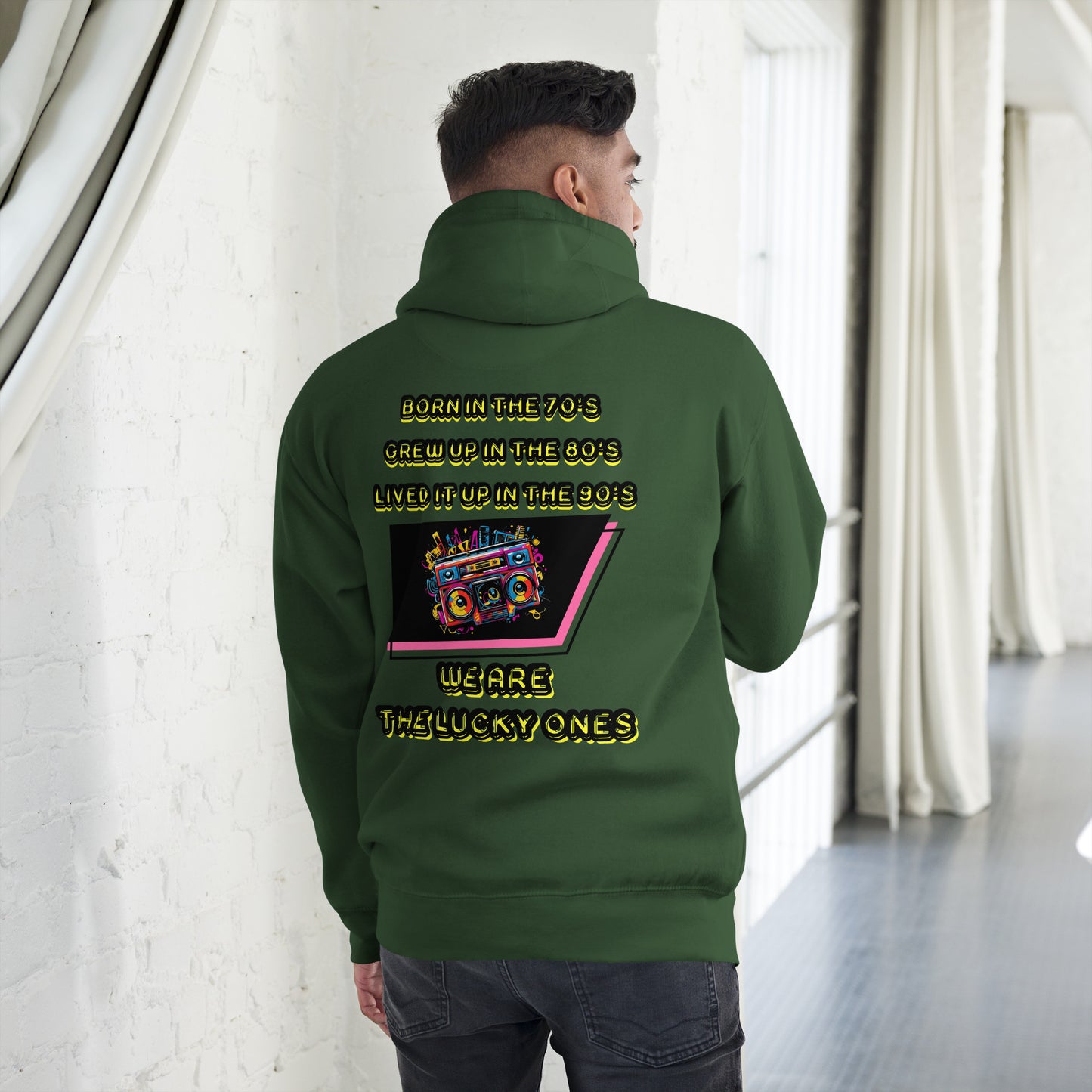 Retro graphic unisex hoodie with 70s 80s 90s boombox design by Hipyfi – vintage streetwear style. forest-green-back