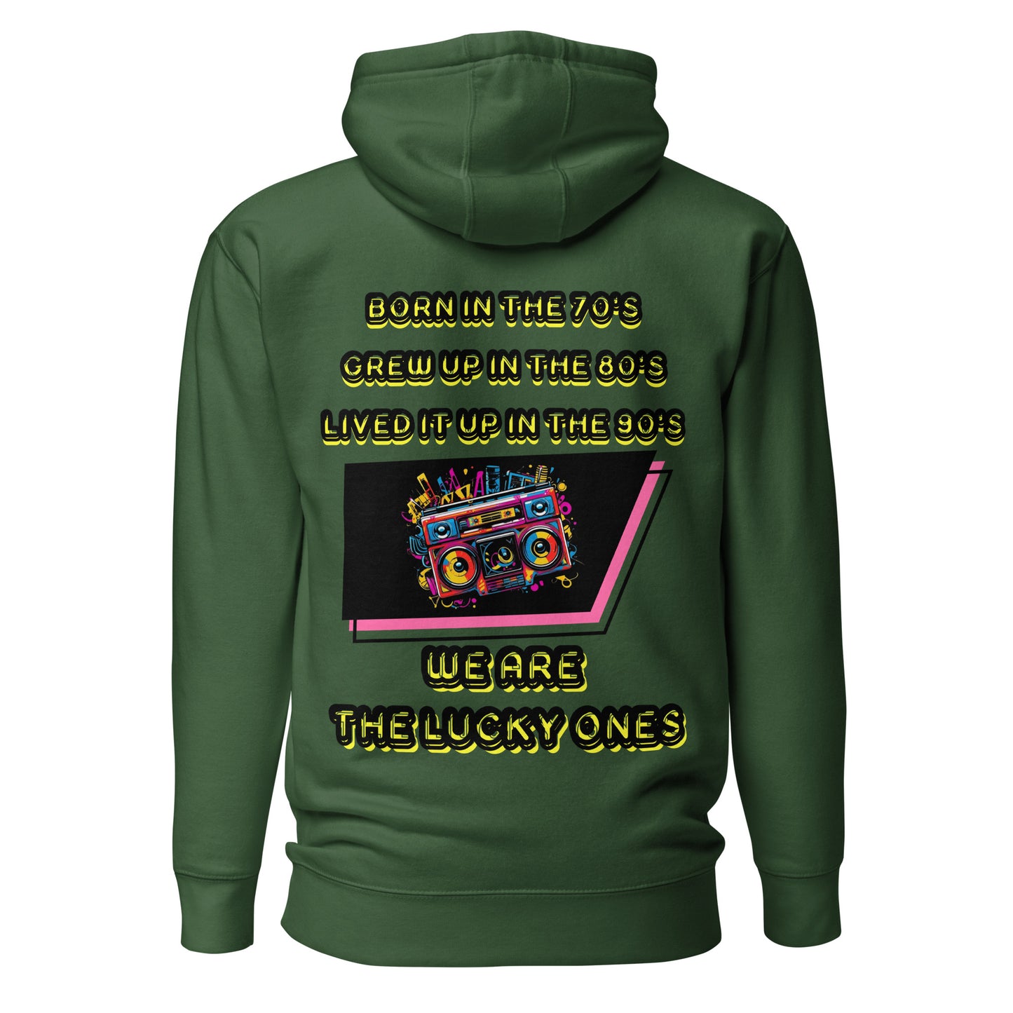 Retro graphic unisex hoodie with 70s 80s 90s boombox design by Hipyfi – vintage streetwear style. forest-green-back-2