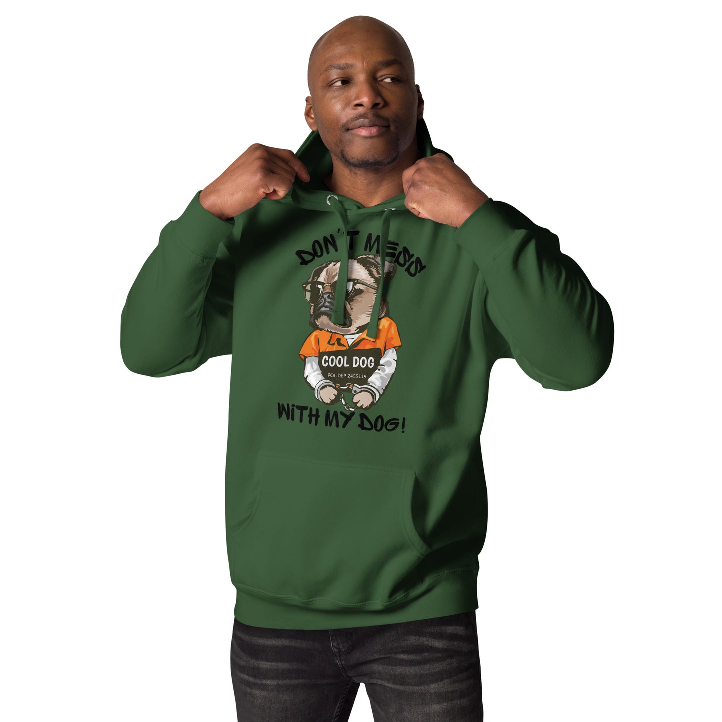 Funny pug mugshot graphic on unisex streetwear hoodie – Cool Dog design by Hipyfi Clothes & Design. forest-green-front