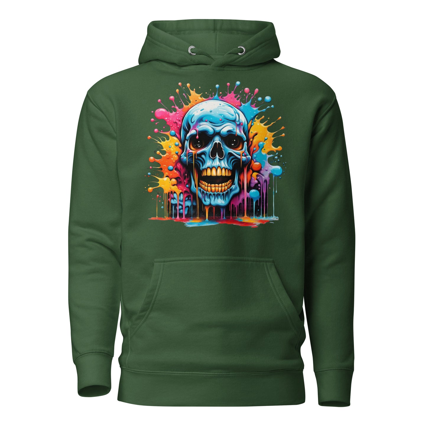 Blue Skull Splash Unisex Streetwear Hoodie by Hipyfi – Digital Art and Graffiti Style. forest-green-front-2