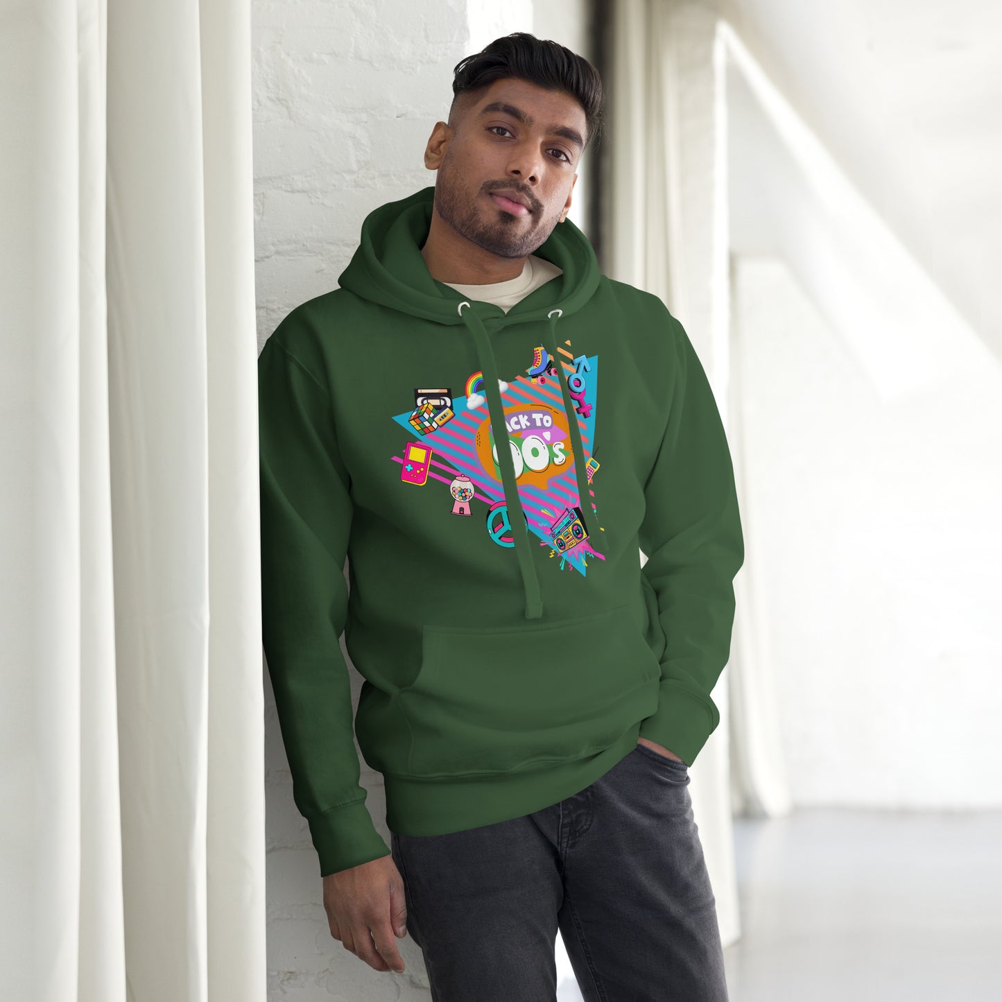 Back to 90s retro unisex graphic hoodie with colorful vintage design – Hipyfi Clothes & Design. forest-green-front