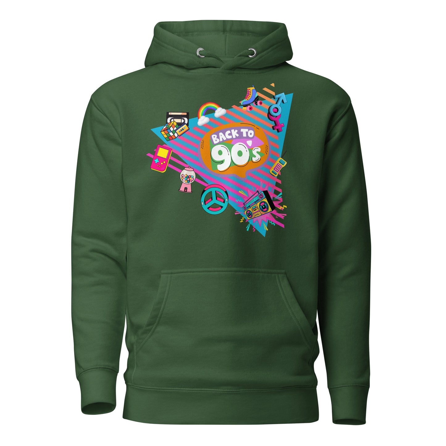 Back to 90s retro unisex graphic hoodie with colorful vintage design – Hipyfi Clothes & Design. forest-green-front-2