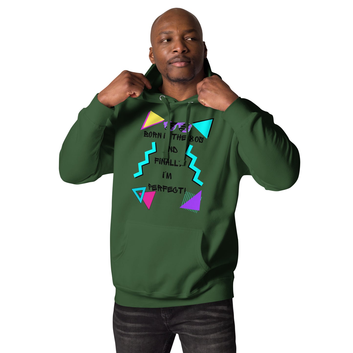 Hipyfi Premium 80s Neon Graphic Hoodie – Unisex Retro Pop Culture Design, Vibrant 80s-inspired geometric graphics. forest-green-front