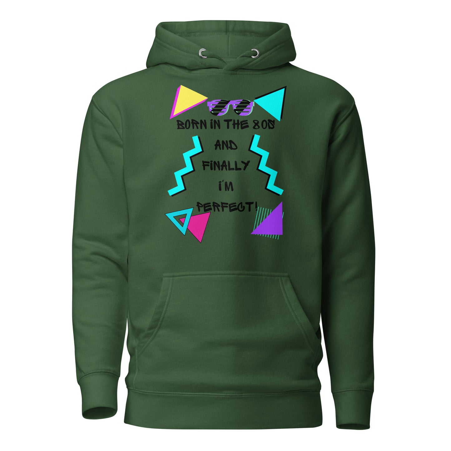 Hipyfi Premium 80s Neon Graphic Hoodie – Unisex Retro Pop Culture Design, Vibrant 80s-inspired geometric graphics. forest-green-front-2