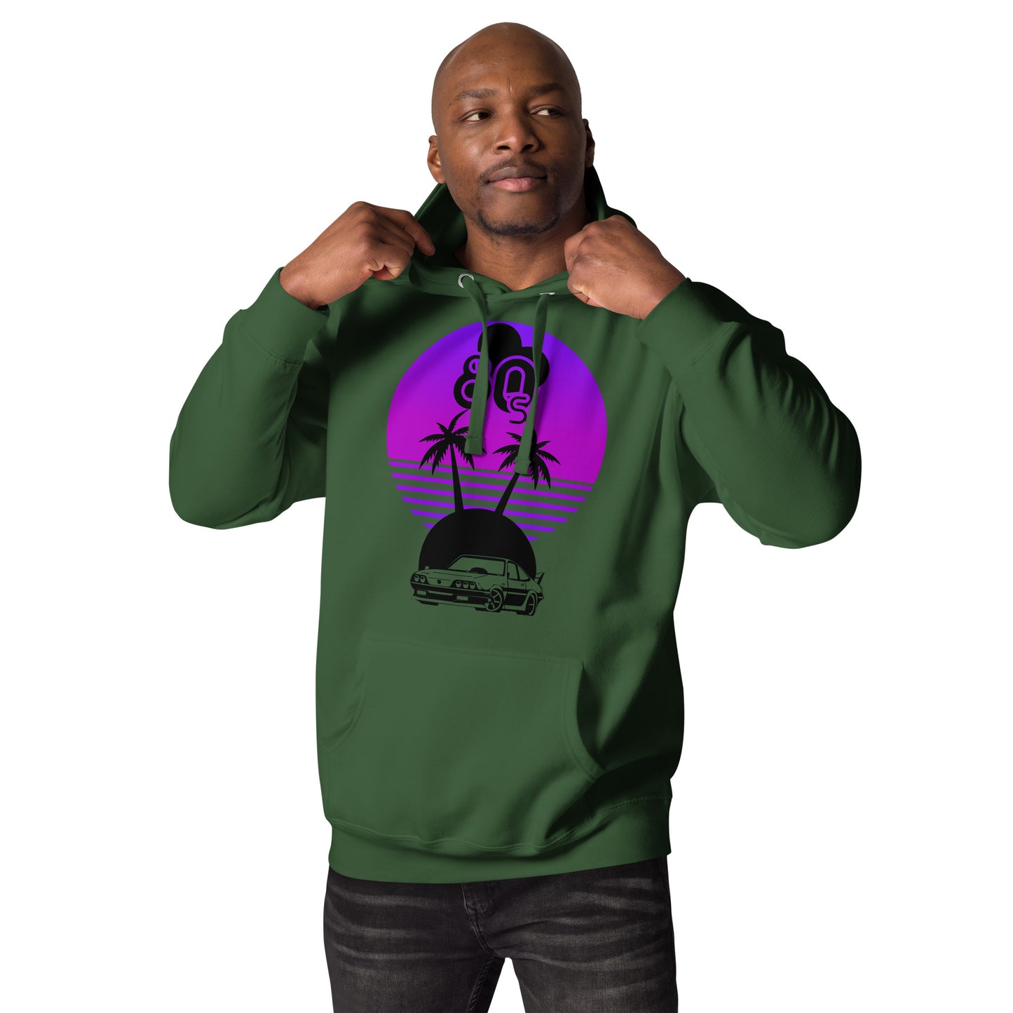 Vaporwave Sunset Unisex Hoodie with retro 80s synthwave design by Hipyfi Clothes & Design. forest-green-front