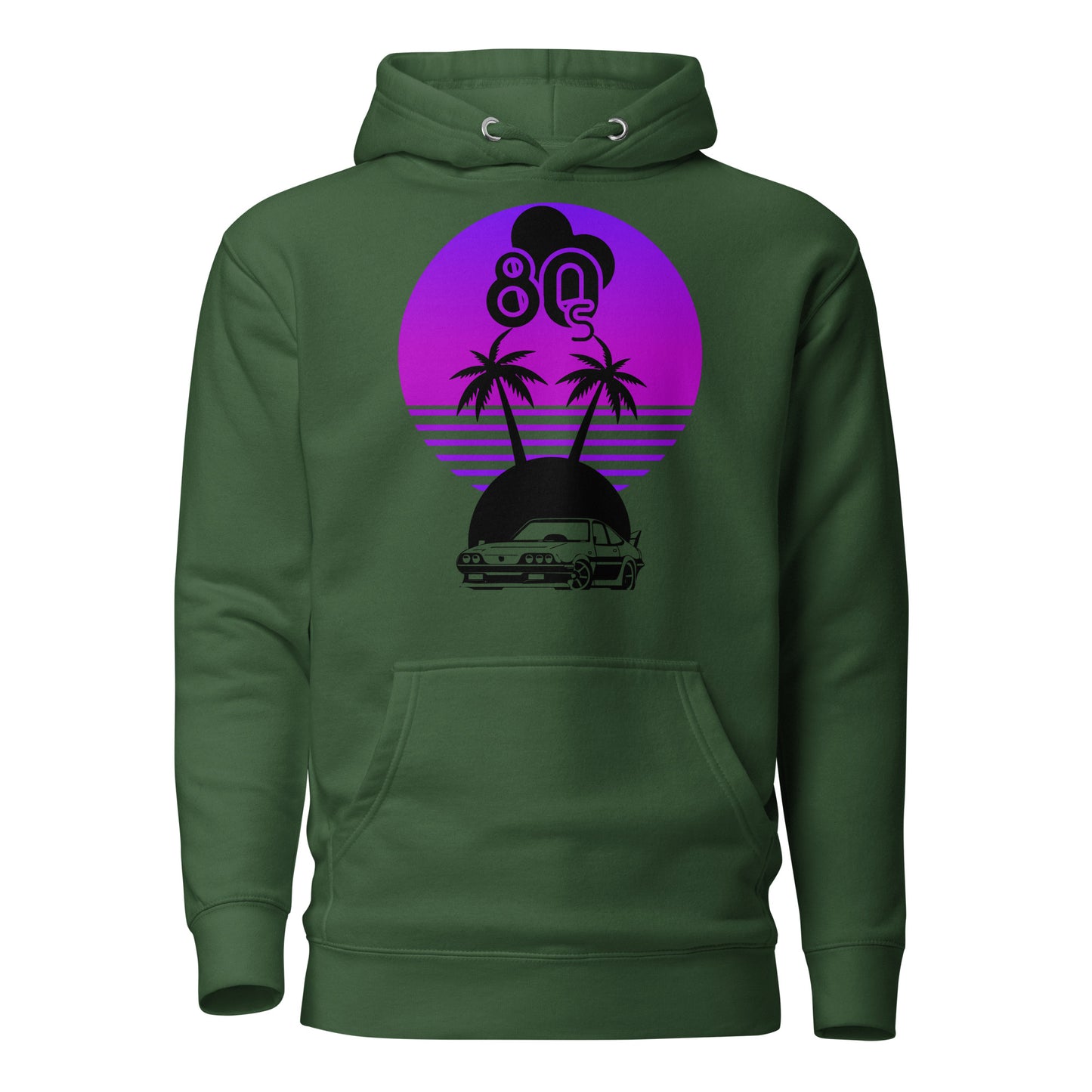 Vaporwave Sunset Unisex Hoodie with retro 80s synthwave design by Hipyfi Clothes & Design. forest-green-front-2