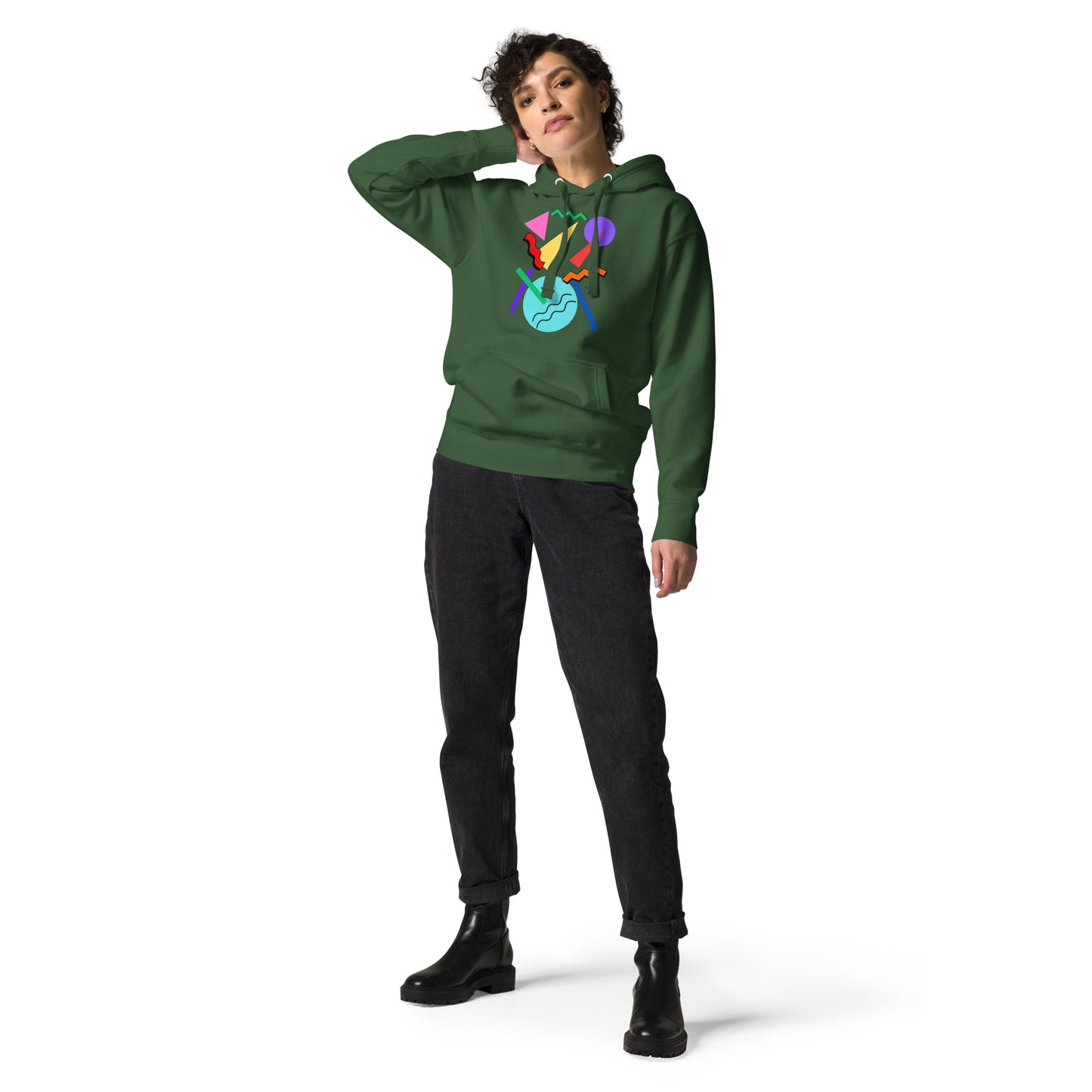 Retro Pop Memphis Hoodie with colorful geometric abstract design – unisex streetwear by Hipyfi Clothes & Design. forest-green-front