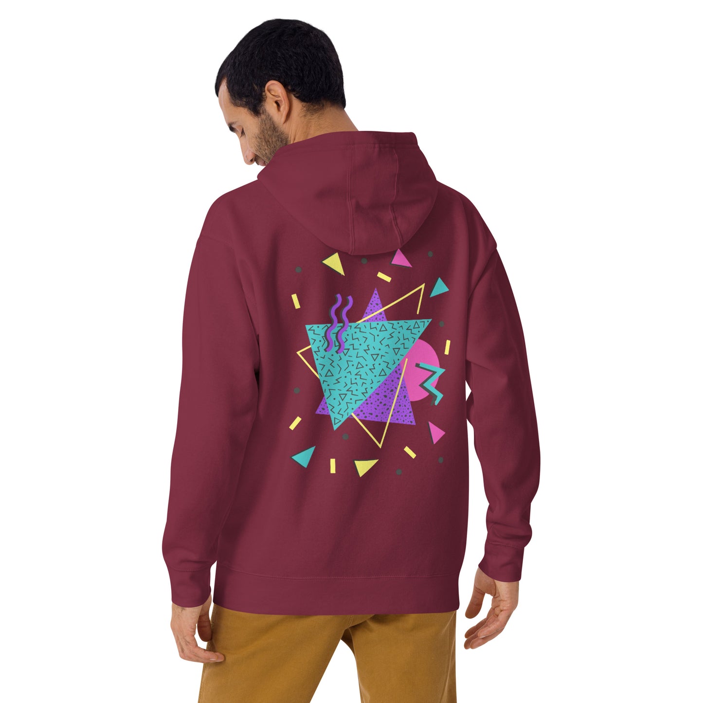 Retro Pop Memphis Hoodie with colorful geometric abstract design – unisex streetwear by Hipyfi Clothes & Design. maroon-back