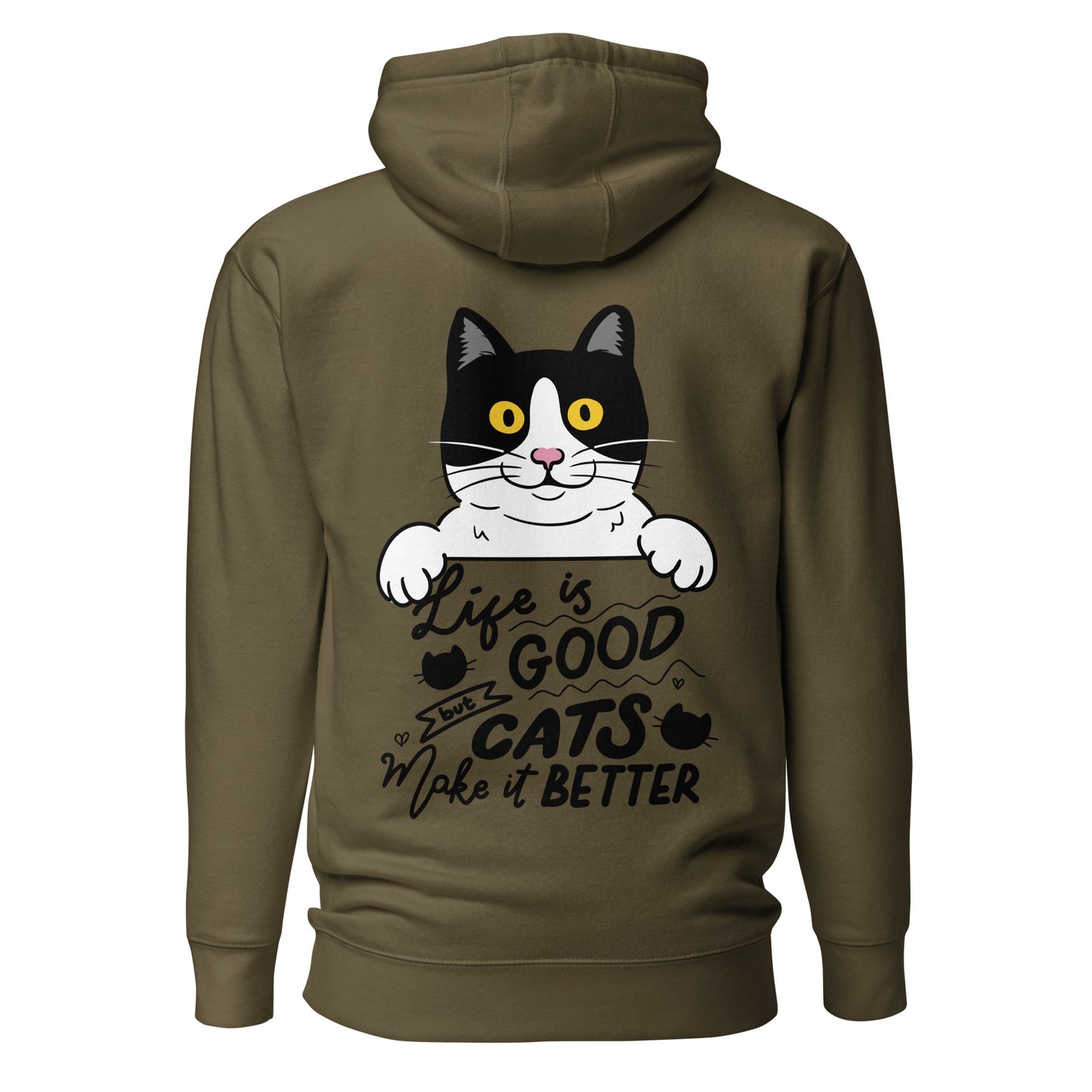 Unisex premium cat hoodie with cartoon black-and-white cat and “Life is Better With Cats” quote – Hipyfi Clothes & Design. military-green-back-2