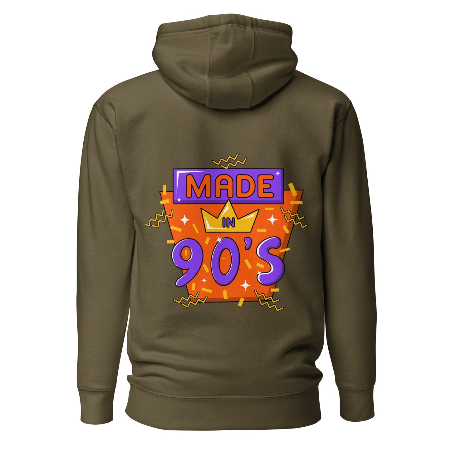 Back to 90s retro unisex graphic hoodie with colorful vintage design – Hipyfi Clothes & Design. military-green-back-2