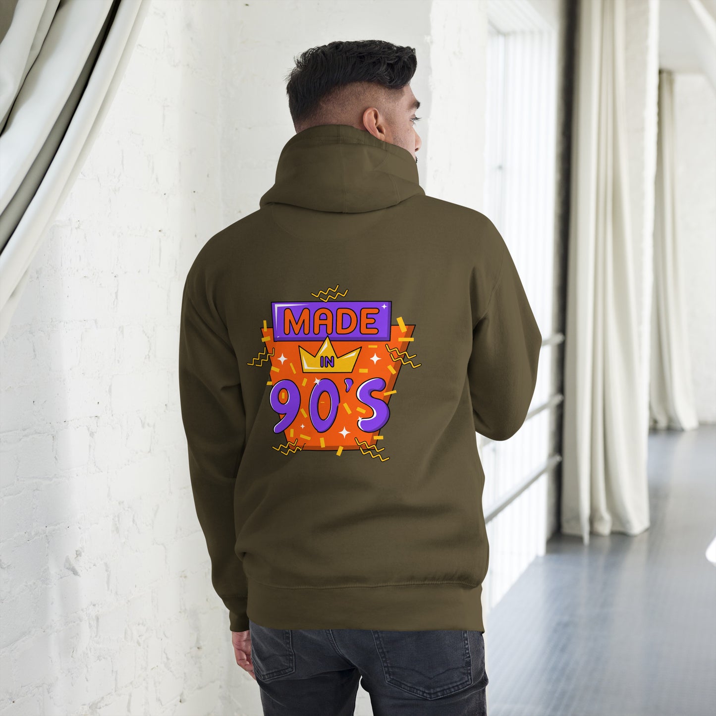 Back to 90s retro unisex graphic hoodie with colorful vintage design – Hipyfi Clothes & Design. military-green-back