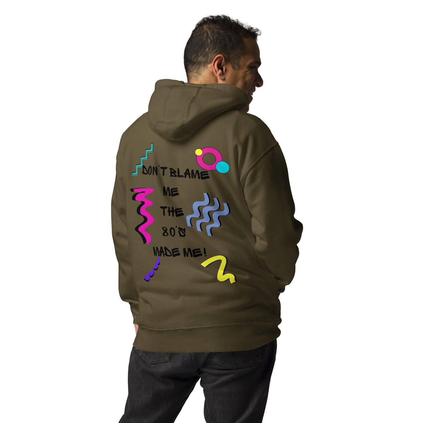 Unisex 80s graphic hoodie with retro slogan – Made in the 80s Vibes by Hipyfi Clothes & Design. military-green-back