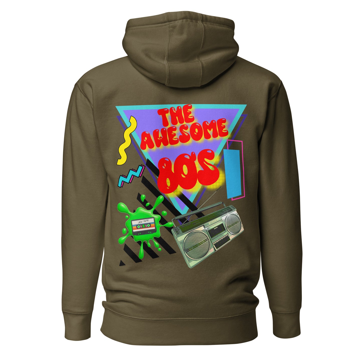 Hipyfi Premium 80s Neon Graphic Hoodie – Unisex Retro Pop Culture Design, Vibrant 80s-inspired geometric graphics. military-green-back-2
