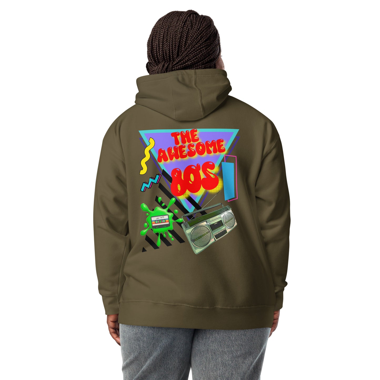 Hipyfi Premium 80s Neon Graphic Hoodie – Unisex Retro Pop Culture Design, Vibrant 80s-inspired geometric graphics. military-green-back