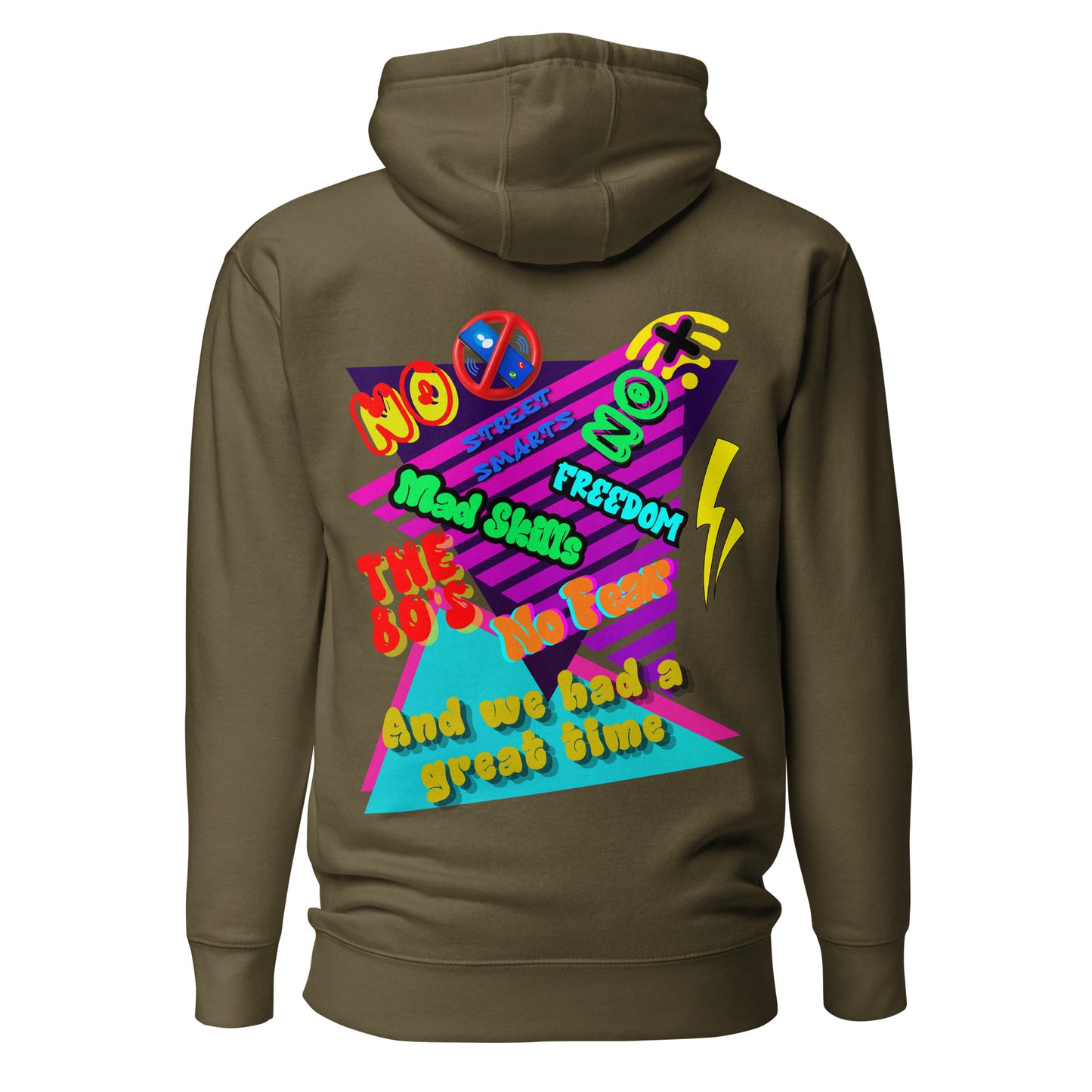 Unisex retro 80s graffiti hoodie with neon colors and streetwear design by Hipyfi Clothes & Design military-green-back-2