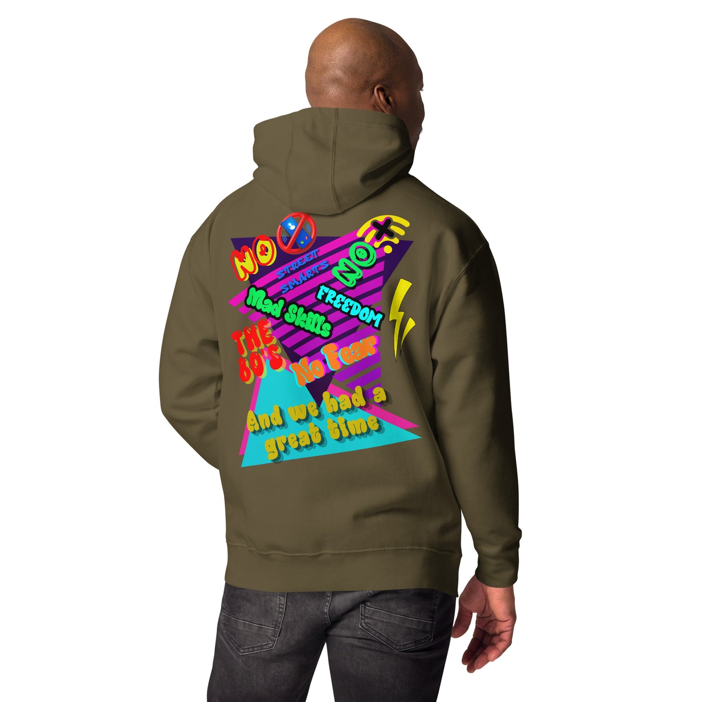 Unisex retro 80s graffiti hoodie with neon colors and streetwear design by Hipyfi Clothes & Design military-green-back