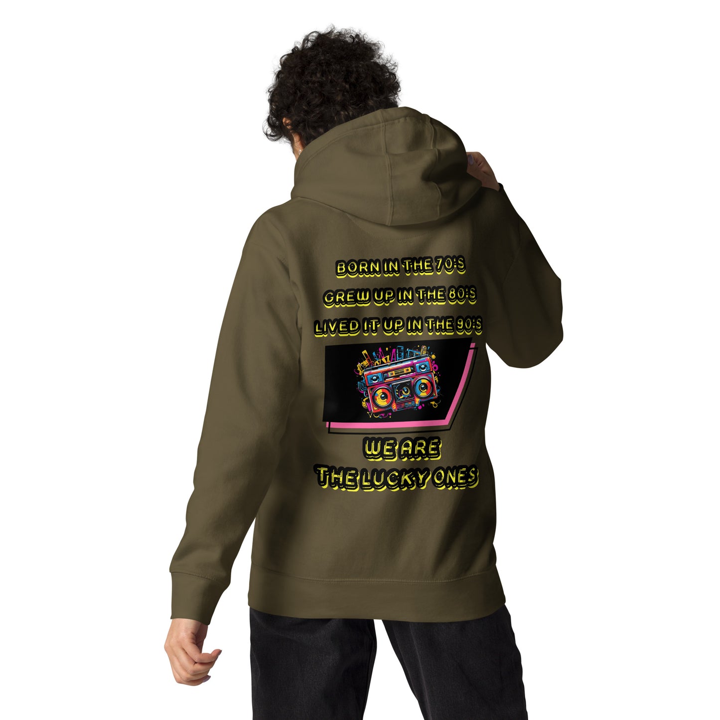 Retro graphic unisex hoodie with 70s 80s 90s boombox design by Hipyfi – vintage streetwear style. military-green-back