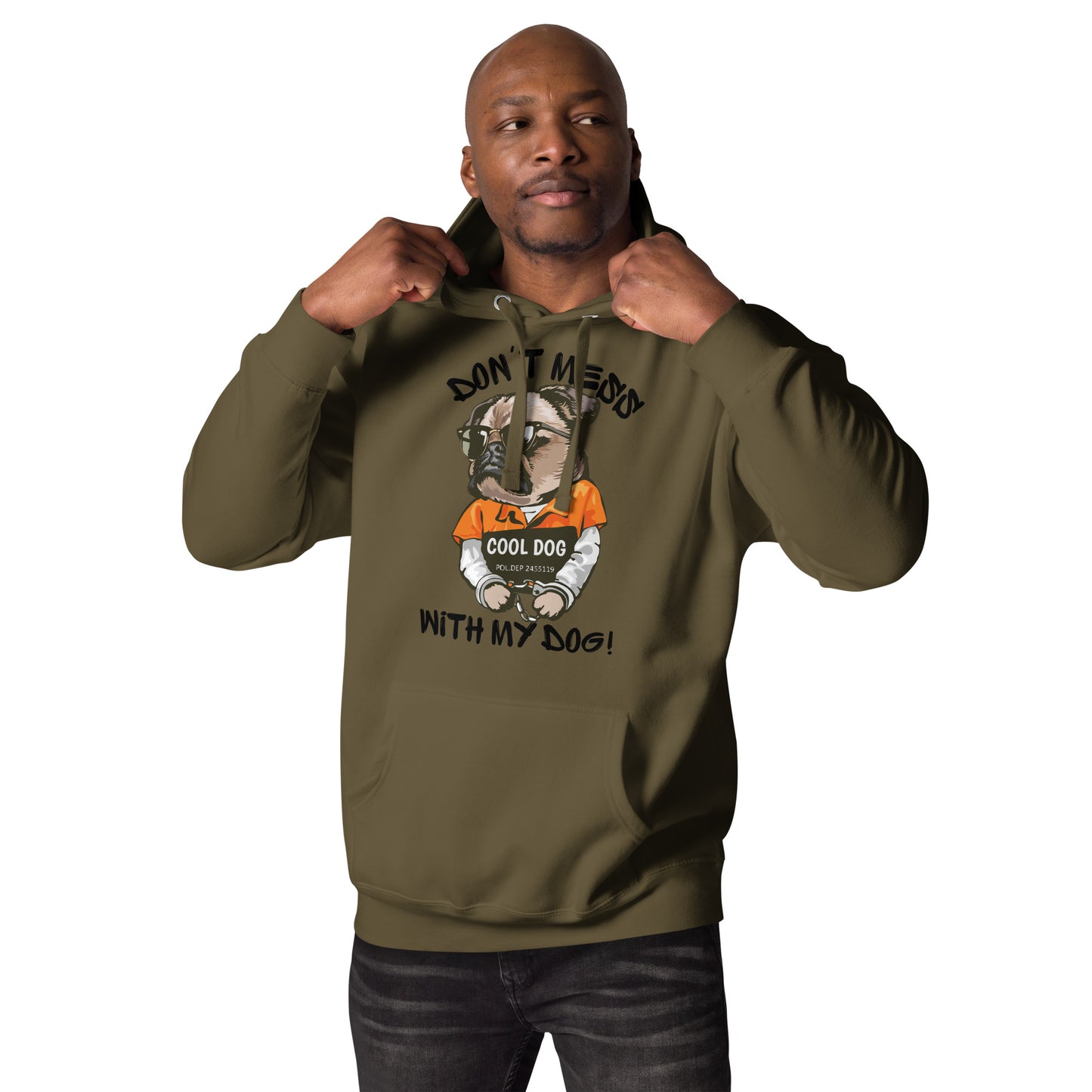 Funny pug mugshot graphic on unisex streetwear hoodie – Cool Dog design by Hipyfi Clothes & Design. military-green-front