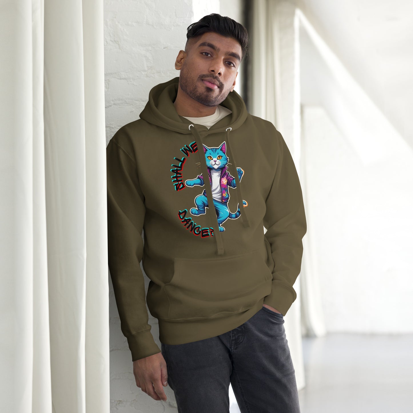 Hipyfi Unisex Premium Hoodie with Vibrant Dance Cat Graphic - Streetwear Style, Soft Cotton Blend, Front Pouch Pocket and Cozy Hood. military-green-front