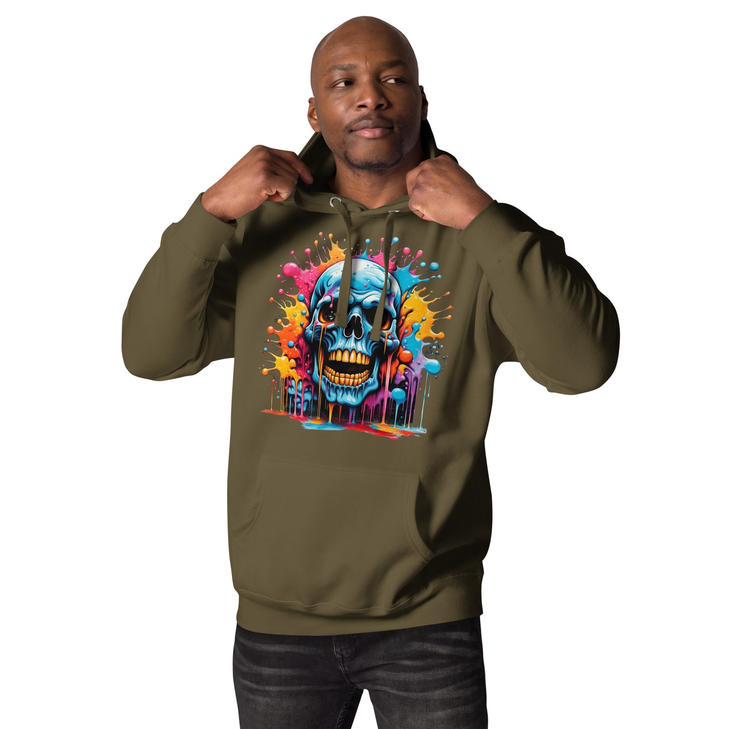 Blue Skull Splash Unisex Streetwear Hoodie by Hipyfi – Digital Art and Graffiti Style. military-green-front