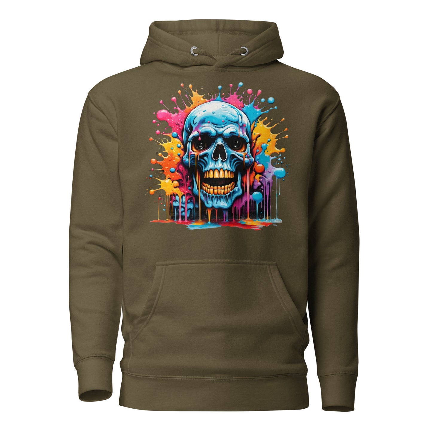 Blue Skull Splash Unisex Streetwear Hoodie by Hipyfi – Digital Art and Graffiti Style. military-green-front-2