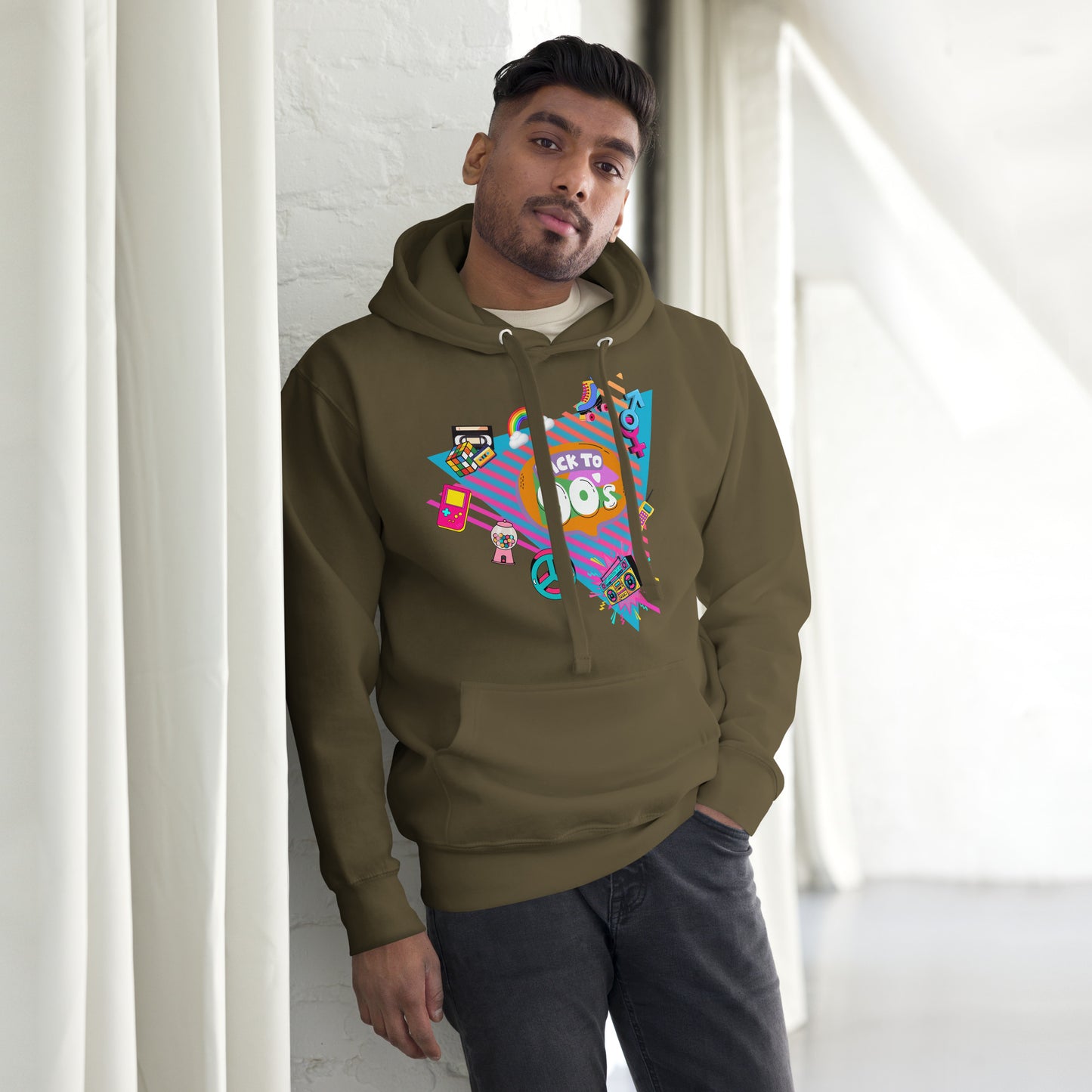 Back to 90s retro unisex graphic hoodie with colorful vintage design – Hipyfi Clothes & Design. military-green-front