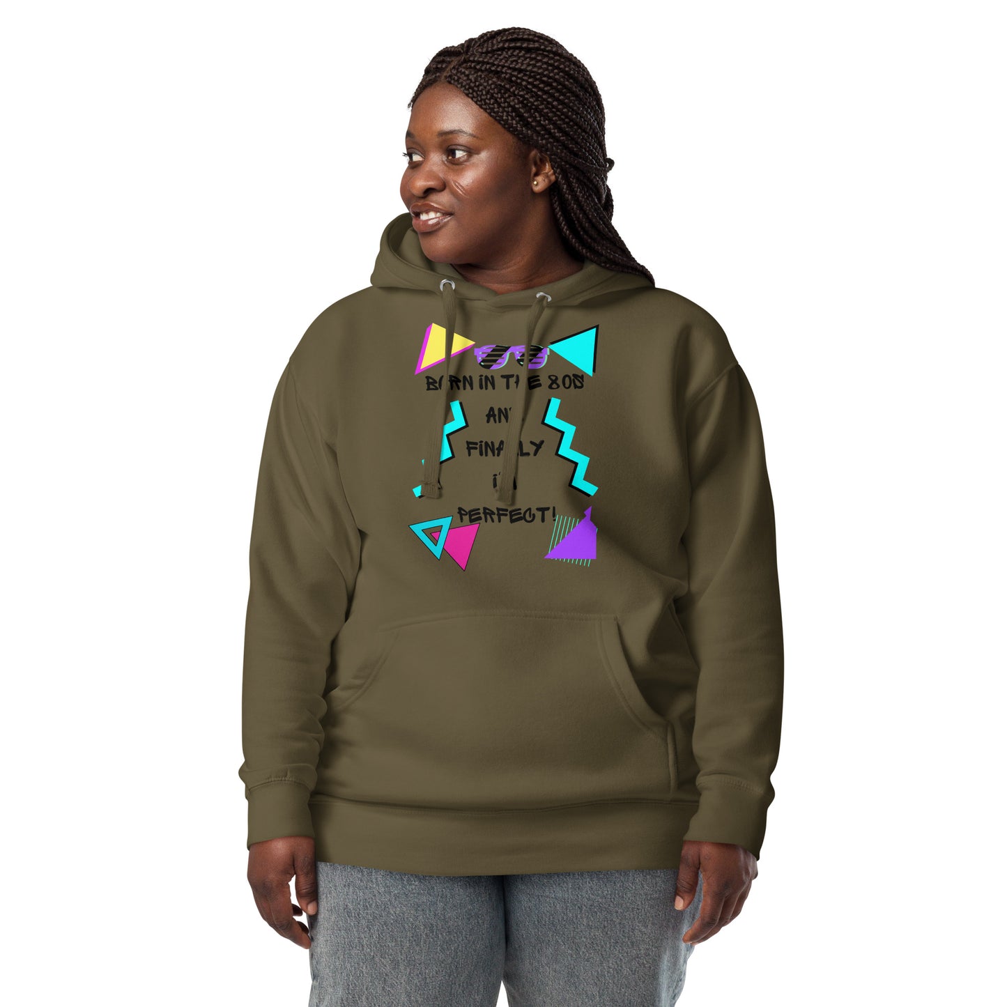 Hipyfi Premium 80s Neon Graphic Hoodie – Unisex Retro Pop Culture Design, Vibrant 80s-inspired geometric graphics. military-green-front