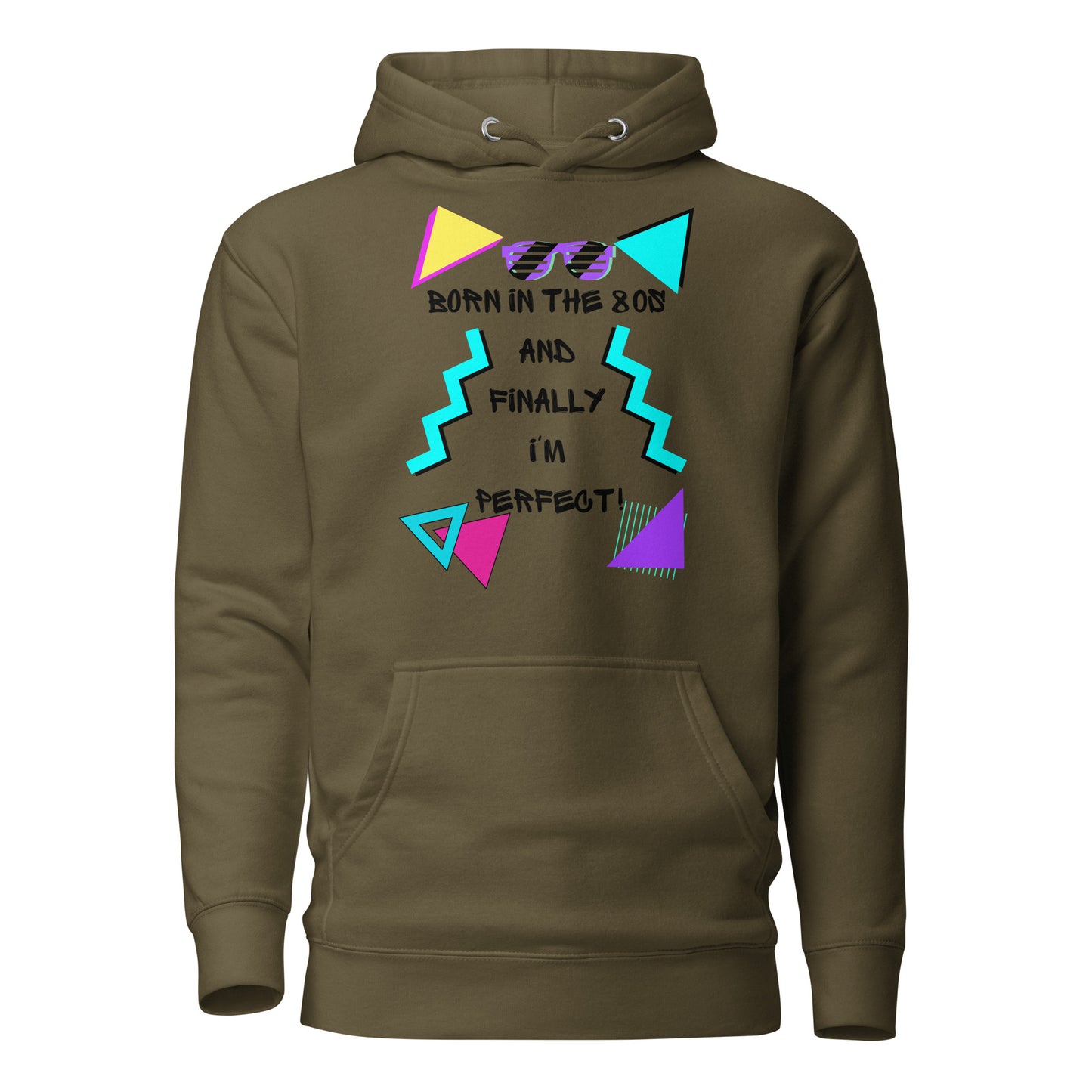 Hipyfi Premium 80s Neon Graphic Hoodie – Unisex Retro Pop Culture Design, Vibrant 80s-inspired geometric graphics. military-green-front-2