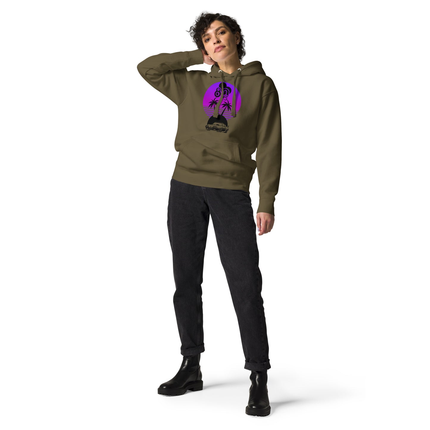 Vaporwave Sunset Unisex Hoodie with retro 80s synthwave design by Hipyfi Clothes & Design. military-green-front