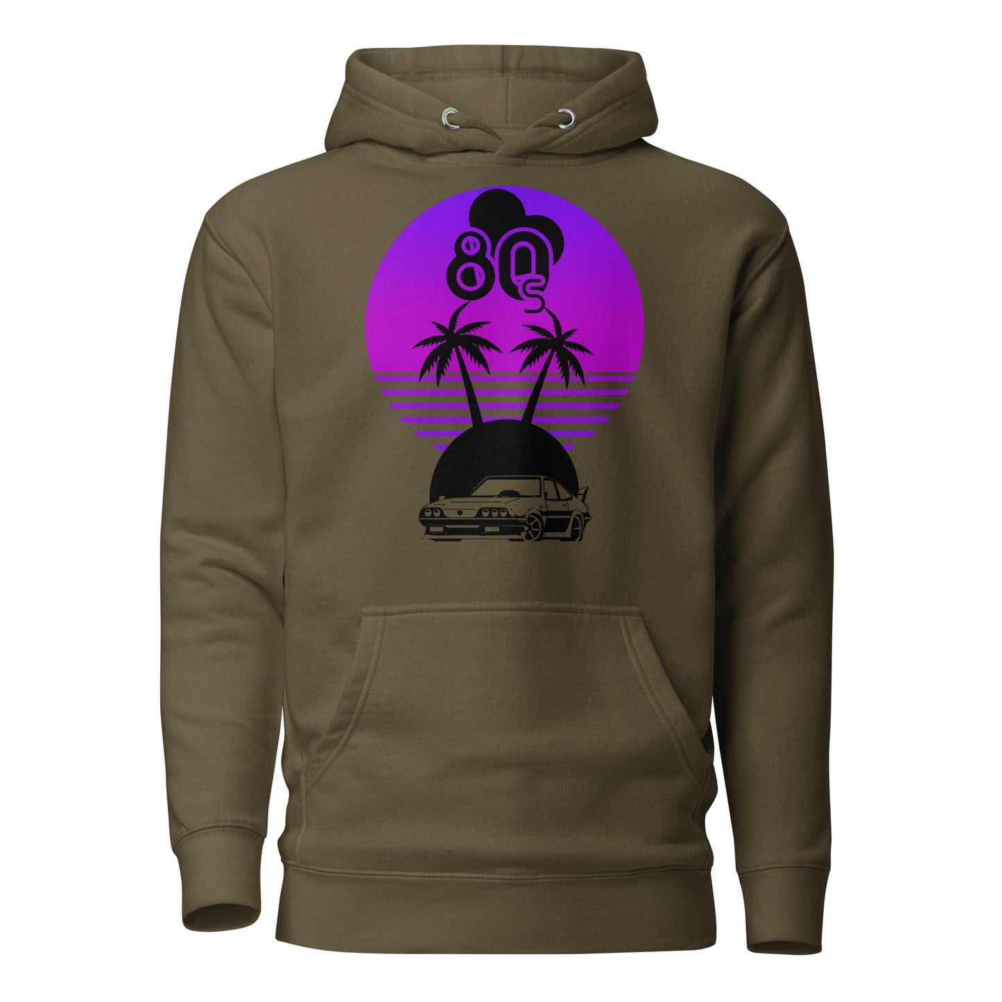 Vaporwave Sunset Unisex Hoodie with retro 80s synthwave design by Hipyfi Clothes & Design. military-green-front-2