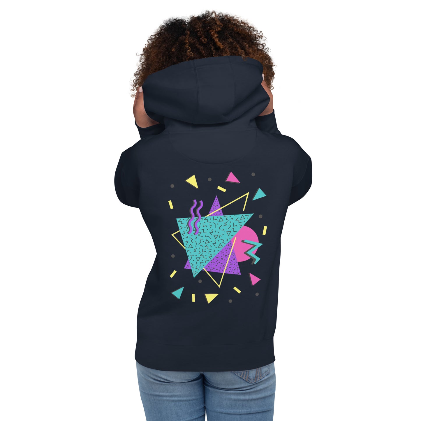Retro Pop Memphis Hoodie with colorful geometric abstract design – unisex streetwear by Hipyfi Clothes & Design. navy-blazer-back