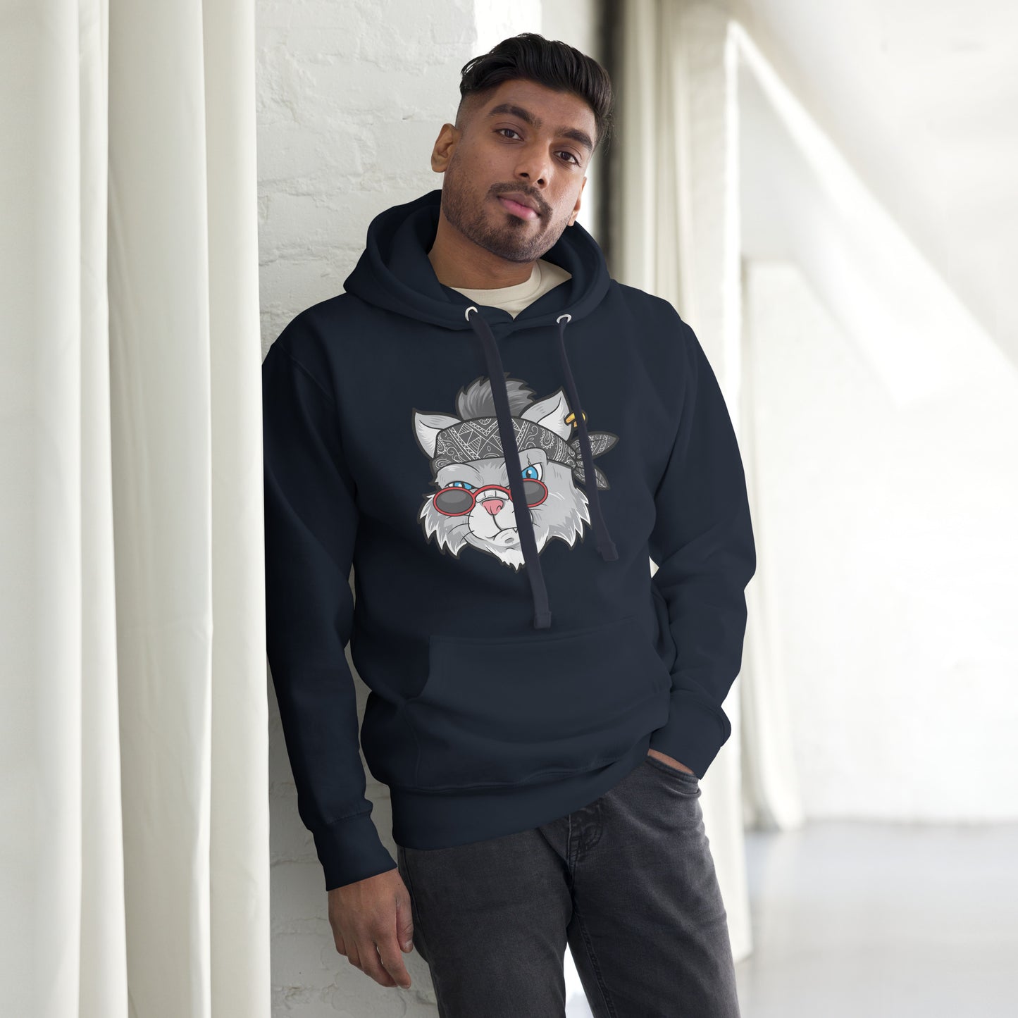 Street Cat Unisex Hoodie featuring cartoon bandana cat graphic – Hipyfi Clothes & Design streetwear. navy-blazer-front