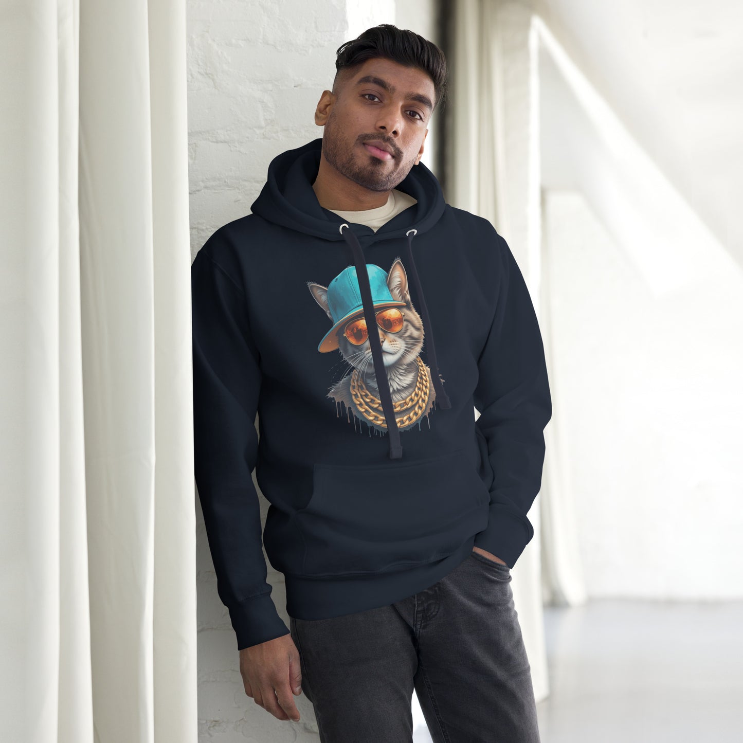 Unisex streetwear hoodie with urban cat graphic, teal cap, gold chains, and graffiti-style design – Hipyfi Clothes & Design. navy-blazer-front