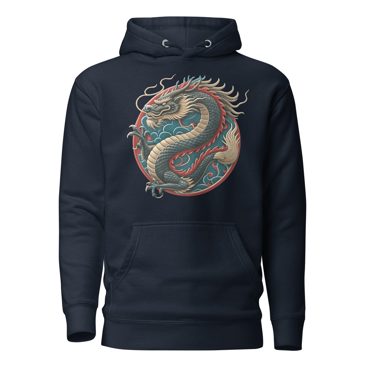 Unisex premium hoodie with Chinese dragon design – streetwear graphic by Hipyfi Clothes & Design. navy-blazer-front-2
