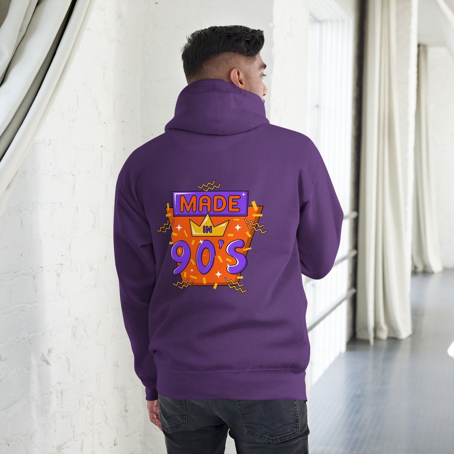 Back to 90s retro unisex graphic hoodie with colorful vintage design – Hipyfi Clothes & Design. purple-back