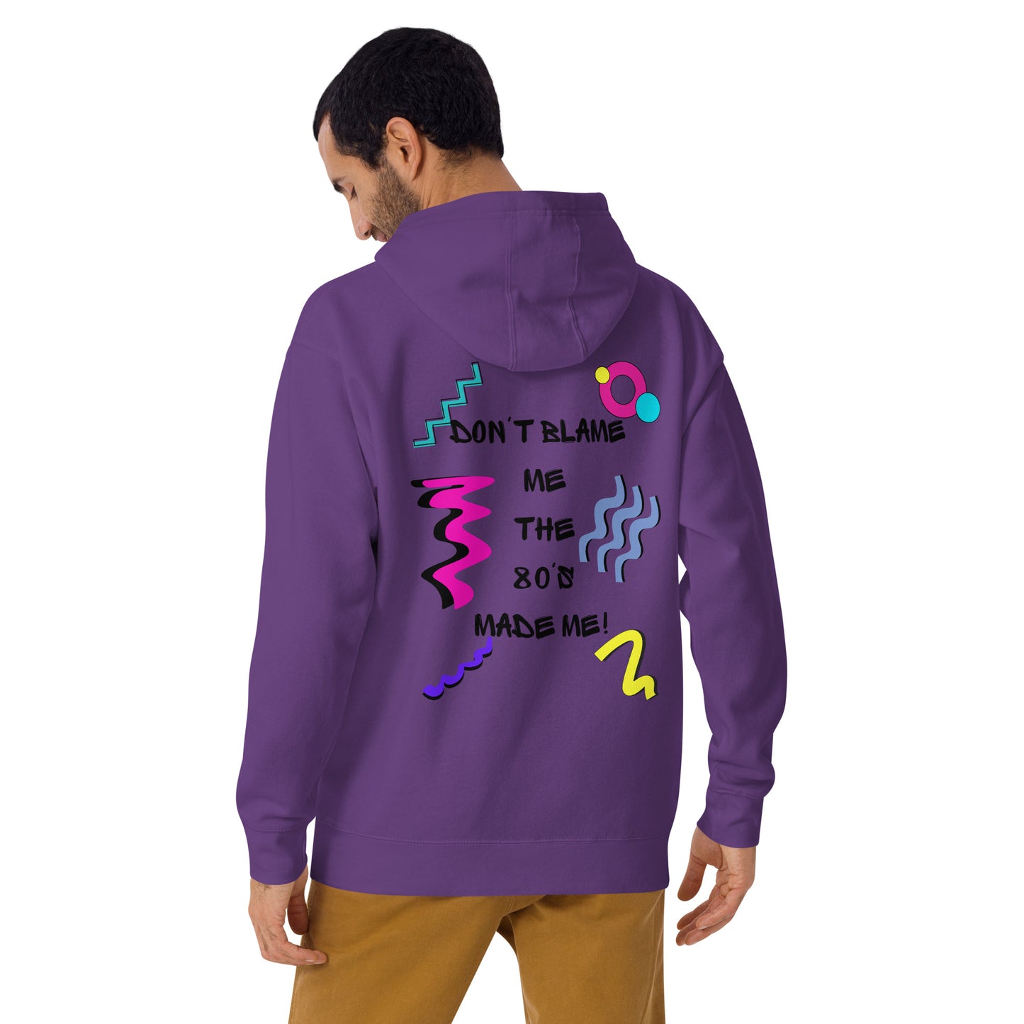 Unisex 80s graphic hoodie with retro slogan – Made in the 80s Vibes by Hipyfi Clothes & Design. purple-back