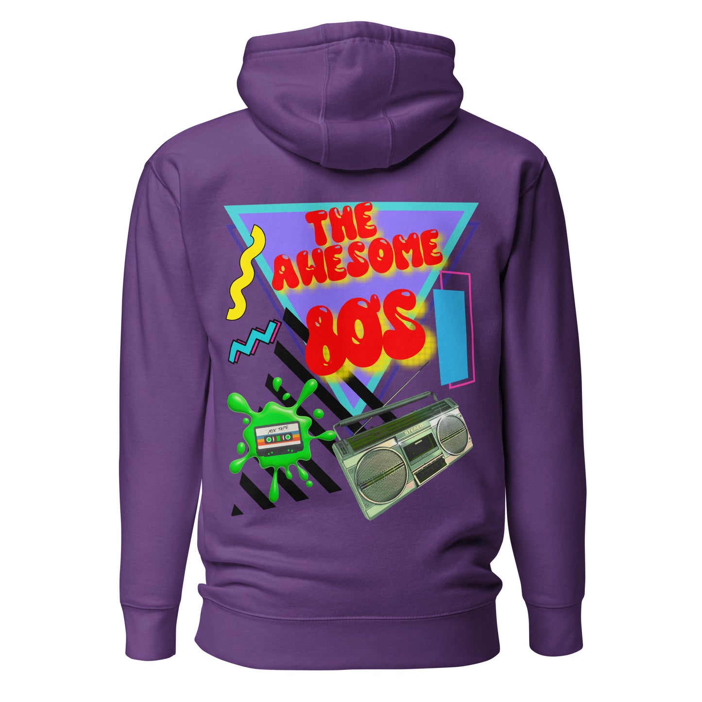 Hipyfi Premium 80s Neon Graphic Hoodie – Unisex Retro Pop Culture Design, Vibrant 80s-inspired geometric graphics. purple-back-2