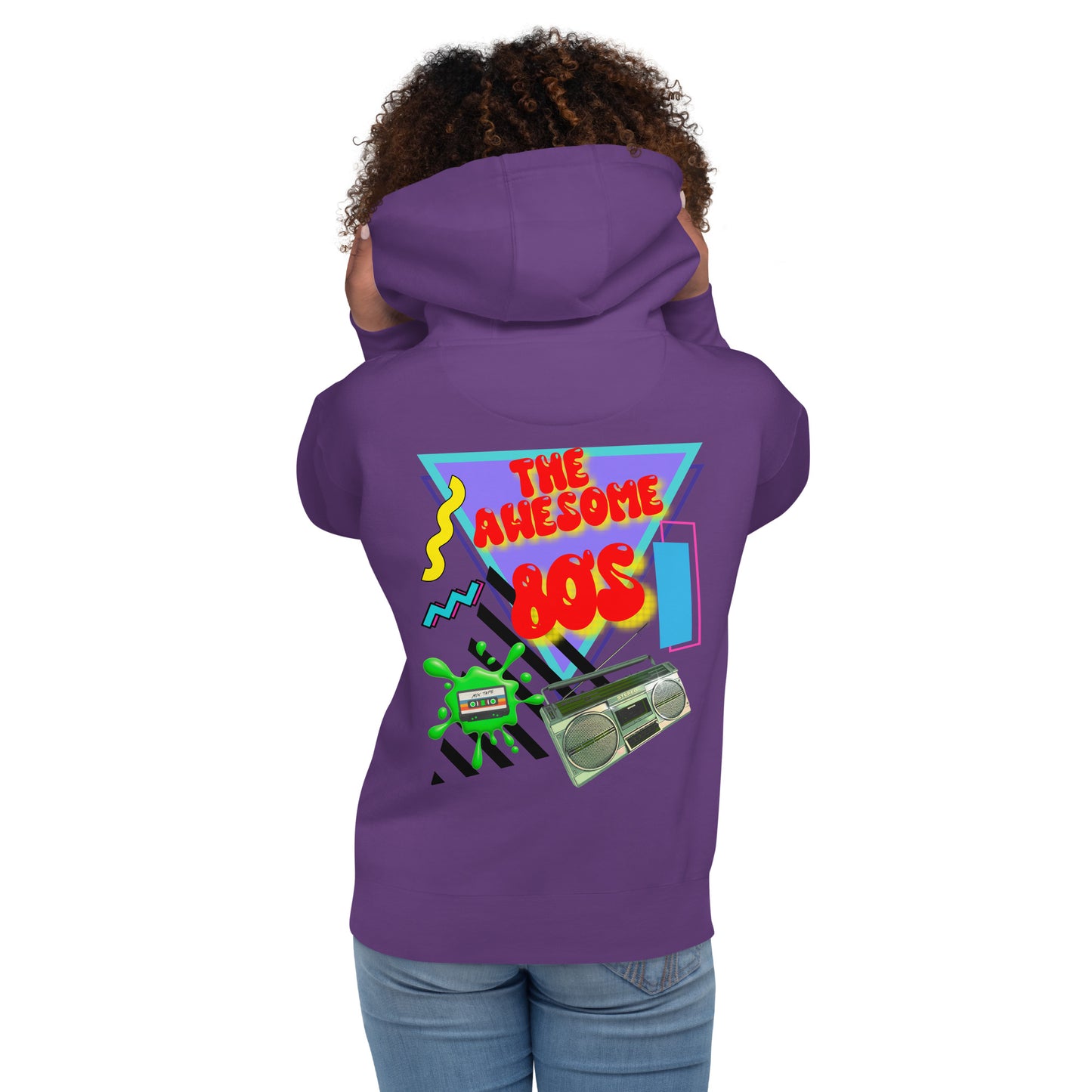 Hipyfi Premium 80s Neon Graphic Hoodie – Unisex Retro Pop Culture Design, Vibrant 80s-inspired geometric graphics. purple-back