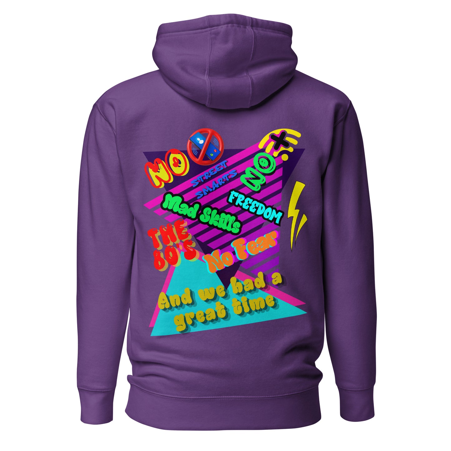 Unisex retro 80s graffiti hoodie with neon colors and streetwear design by Hipyfi Clothes & Design purple-back-2