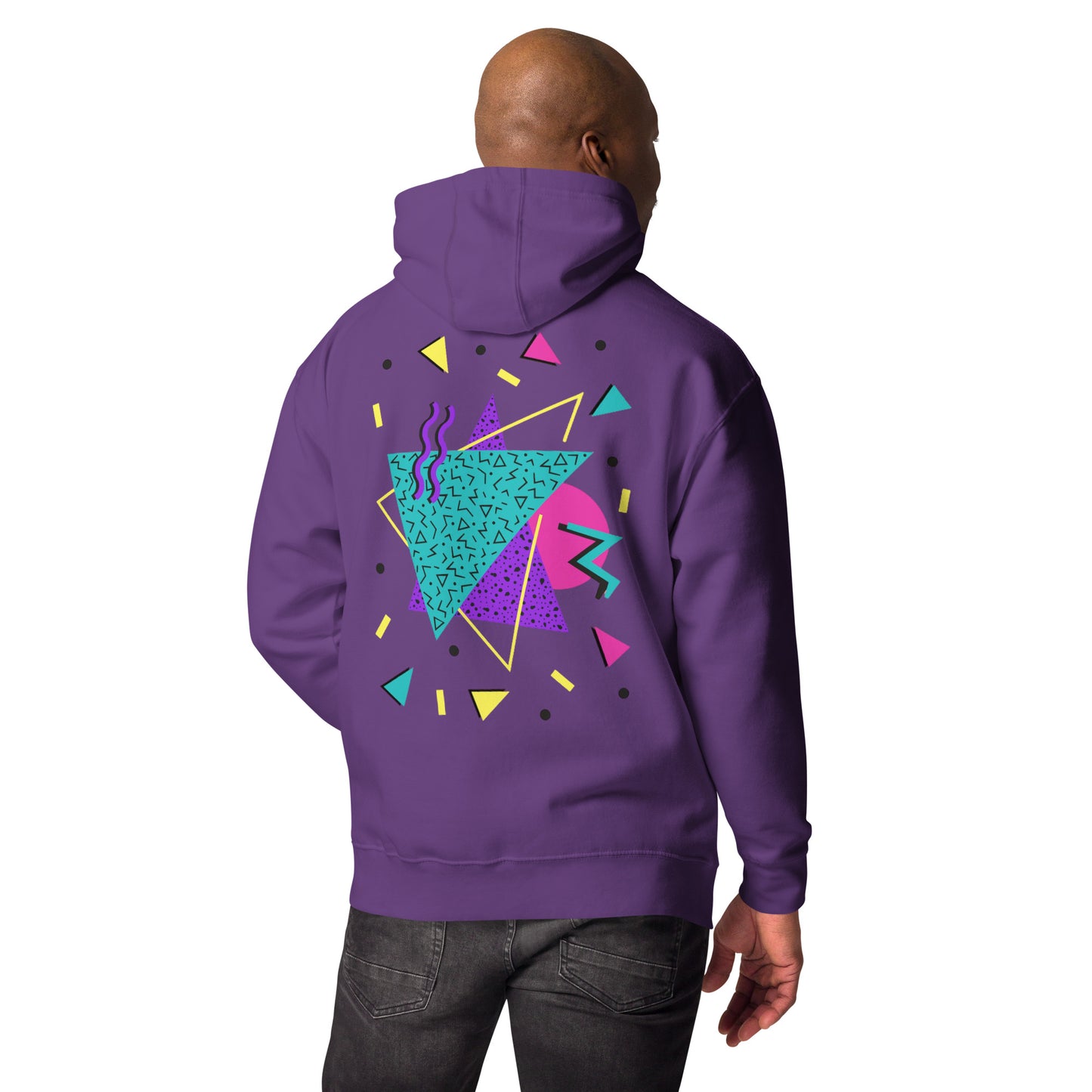 Retro Pop Memphis Hoodie with colorful geometric abstract design – unisex streetwear by Hipyfi Clothes & Design. purple-back