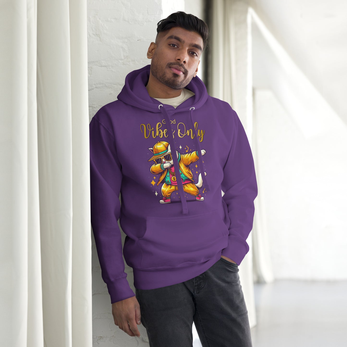 Unisex Good Vibes Cat Hoodie featuring a dabbing cat in hip-hop streetwear – premium graphic hoodie by Hipyfi Clothes & Design. purple-front